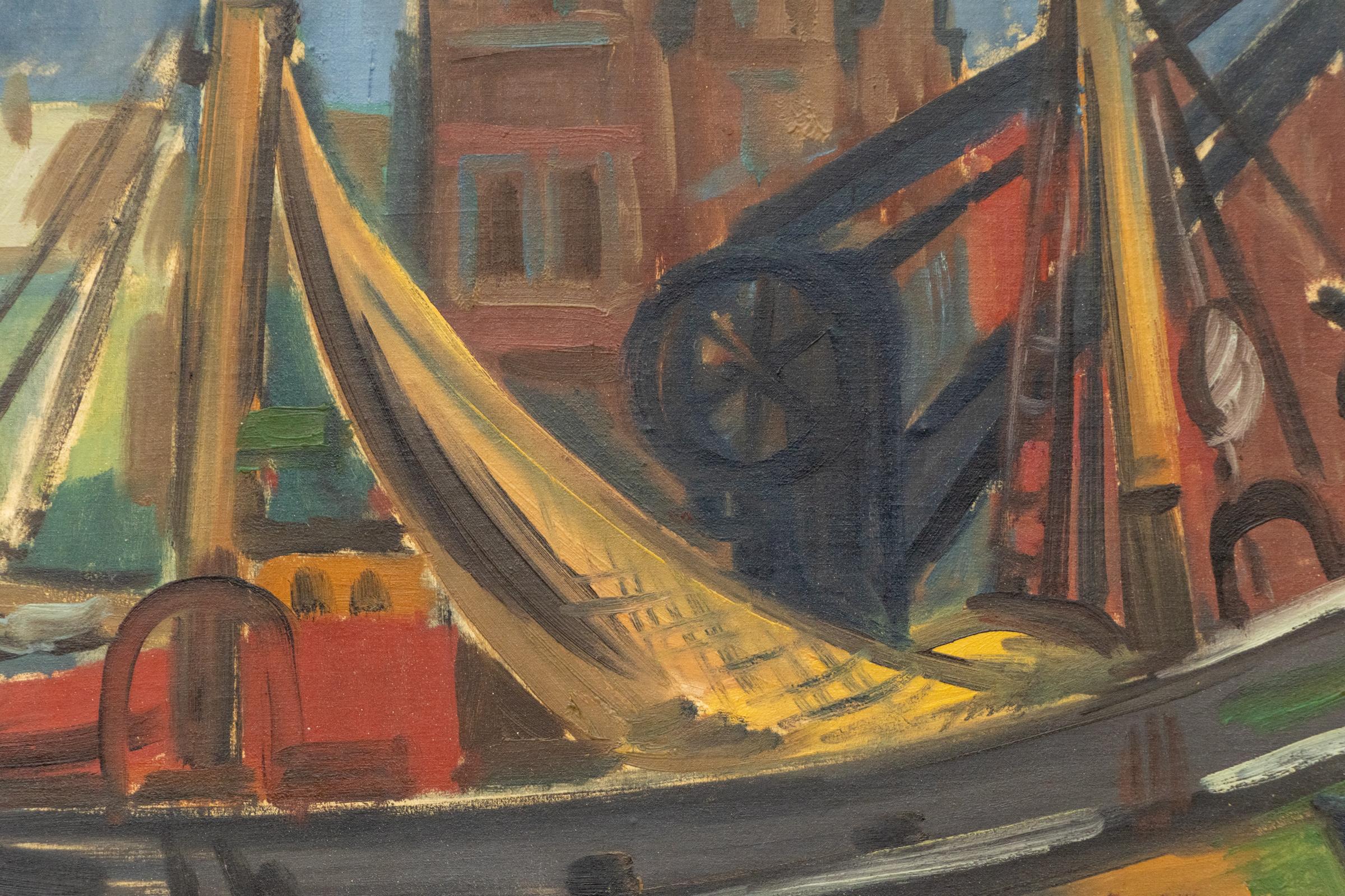 Scena del porto di Bruxelles degli anni '30 - Pittura originale in acrilico con barche - Landscape Painting Grigio di Carl Rabus
