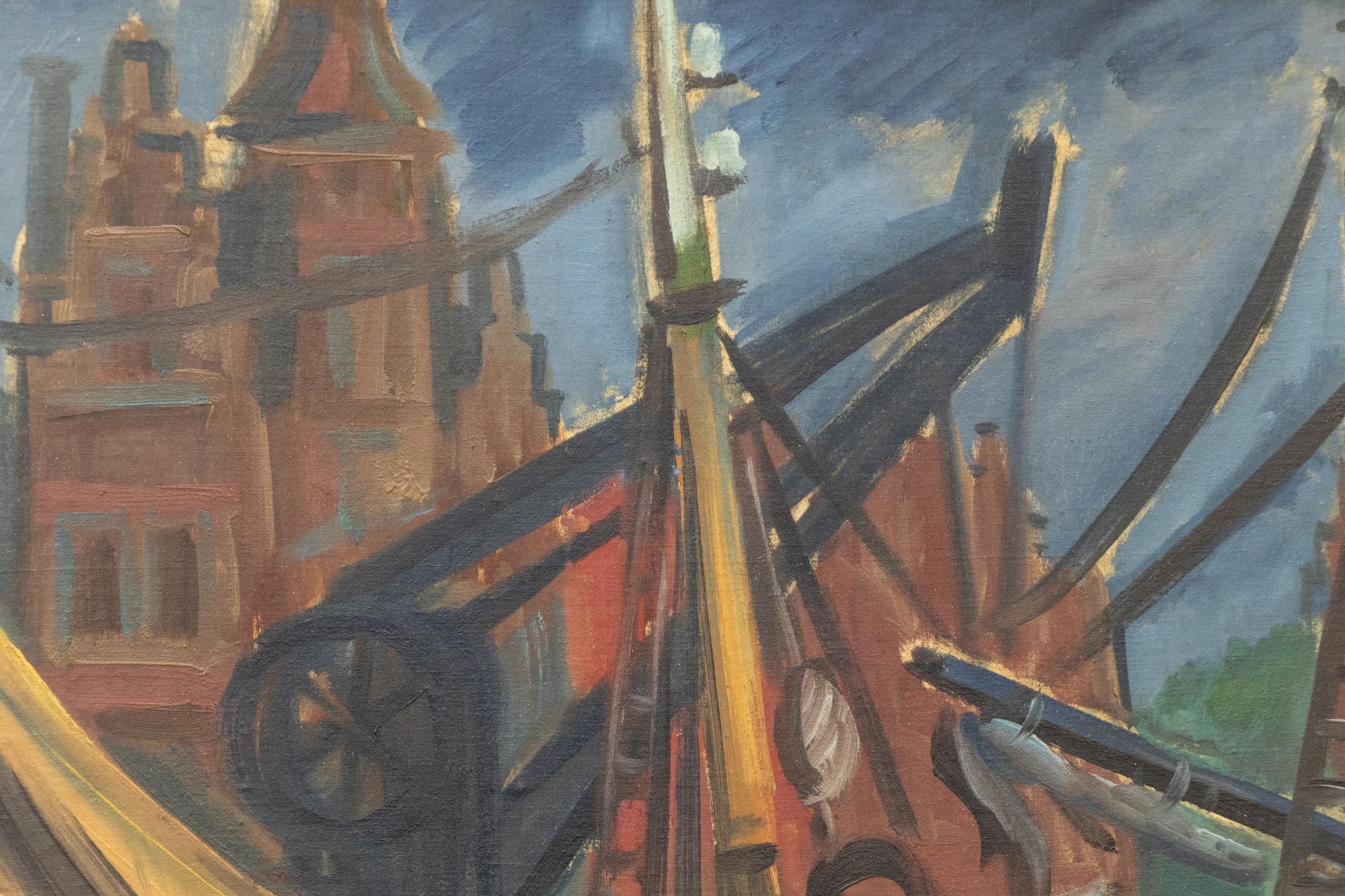 Rivivi il fascino e la bellezza marittima della Bruxelles degli anni '30 con questa splendida scena portuale originale dell'acclamato artista Carl Rabus. Dipinta nel 1937, questa eccezionale opera d'arte in acrilico su tavola cattura l'atmosfera