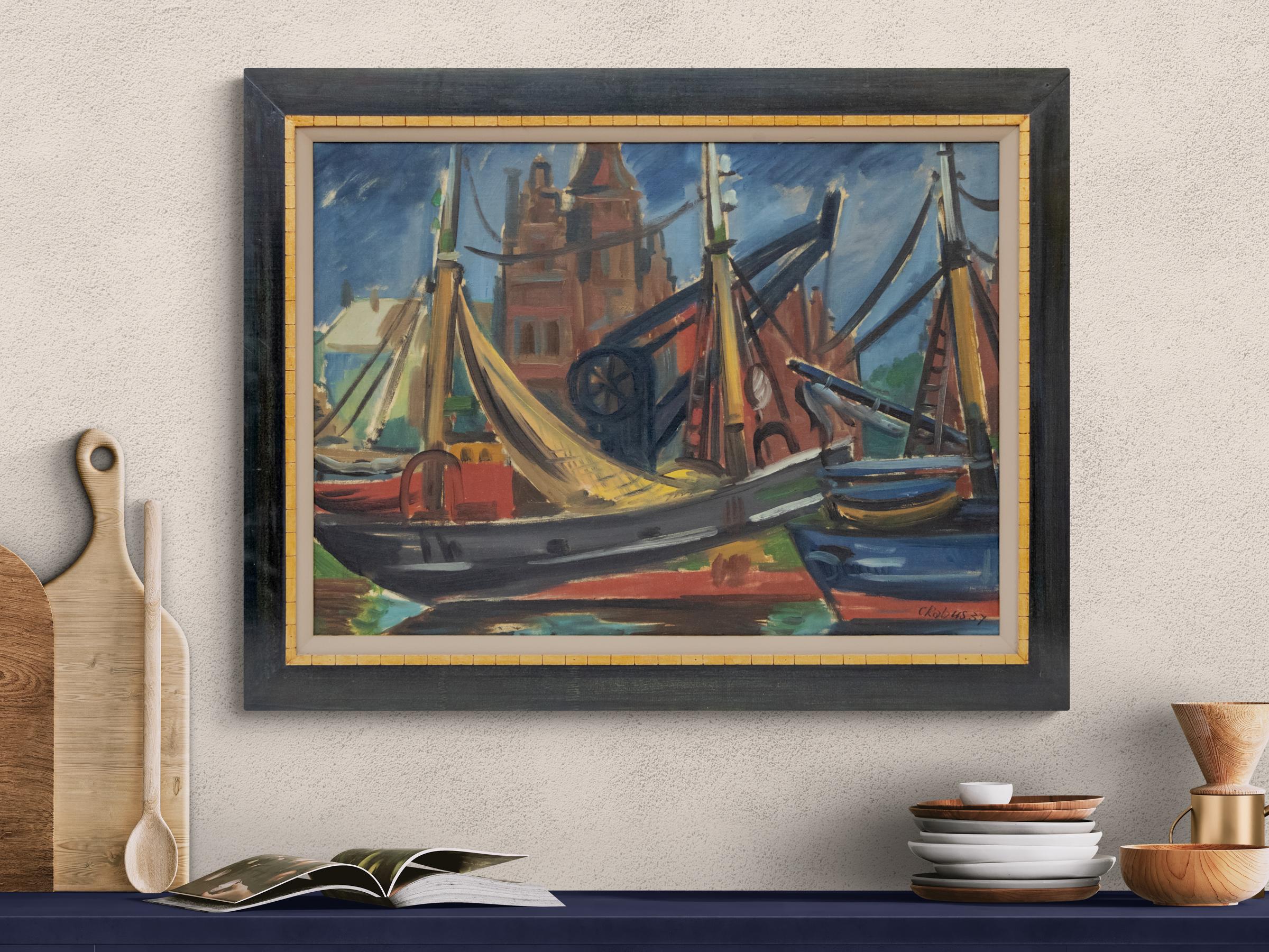 Scena del porto di Bruxelles degli anni '30 - Pittura originale in acrilico con barche in vendita 3