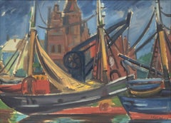 1930s Brussels Harbor Scene - Original Acrylic Seascape Painting with Boats
