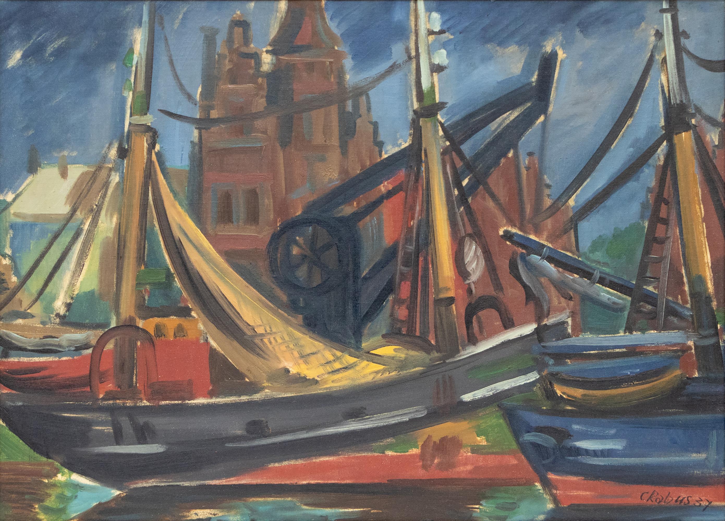 1930s Brussels Harbor Scene - Pintura acrílica original de paisaje marino con barcos