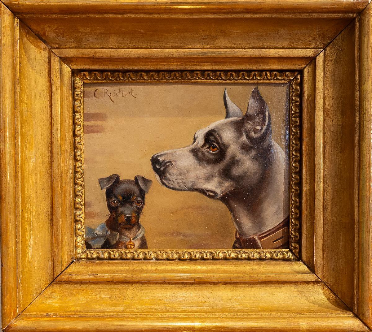 "Best of Friends" 
Carl Reichert (Austrian, 1836-1918) 
Oil on wood panel
10 5/8 x 9 1/2 inches frame size

A tenderly and well executed portrait of two dogs, best of friends, of nearly comically different proportions. Reichert was a master of