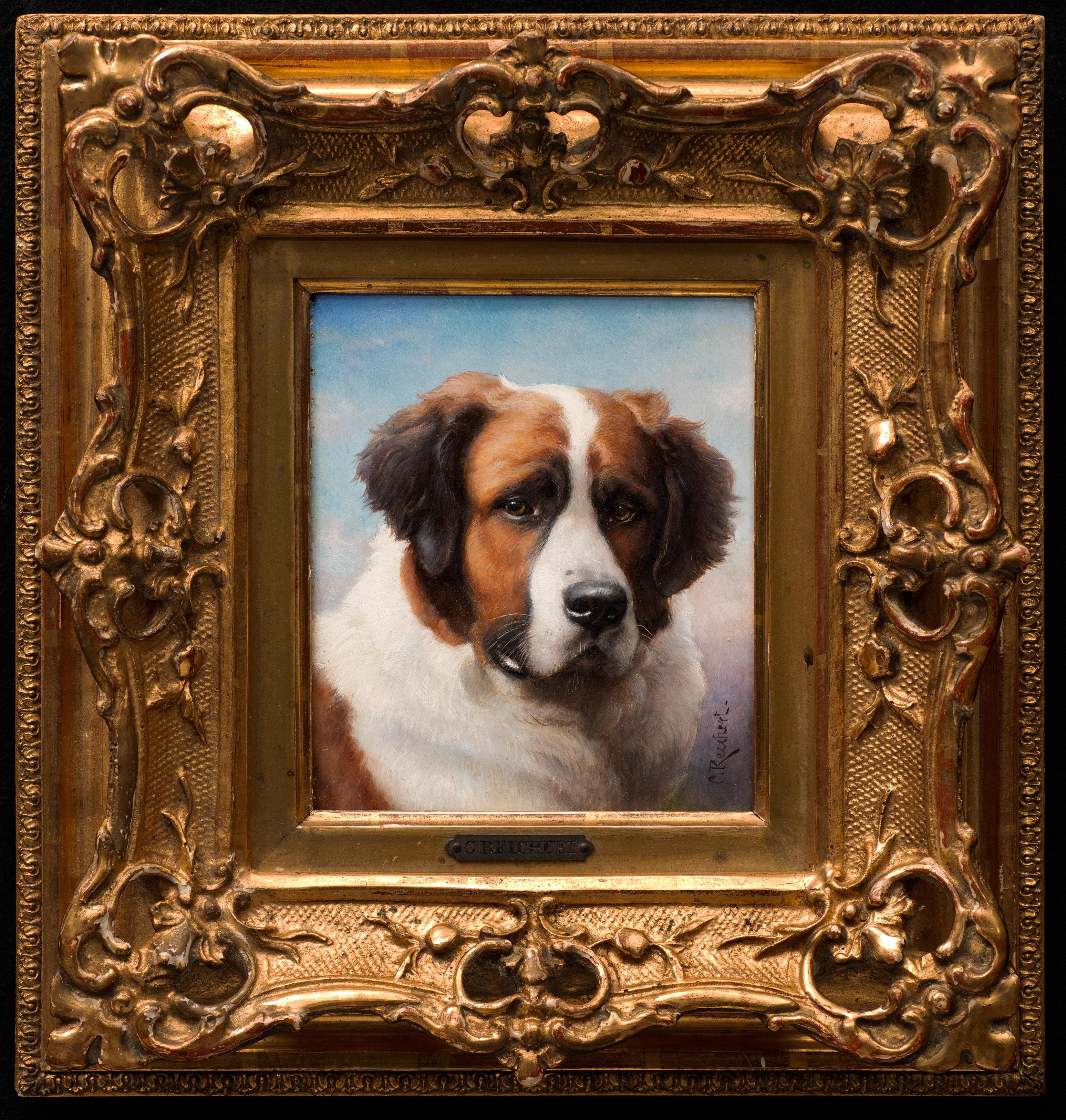 "Portrait of a Saint Bernard"
Carl Reichert (Austrian, 1836-1918) 
Oil on wood panel
Signed lower right
6 x 5 (12 1/2 x 11 1/2 frame) inches frame

A tenderly and well executed portrait of a Saint Bernard. Reichert was a master of animalier and dog