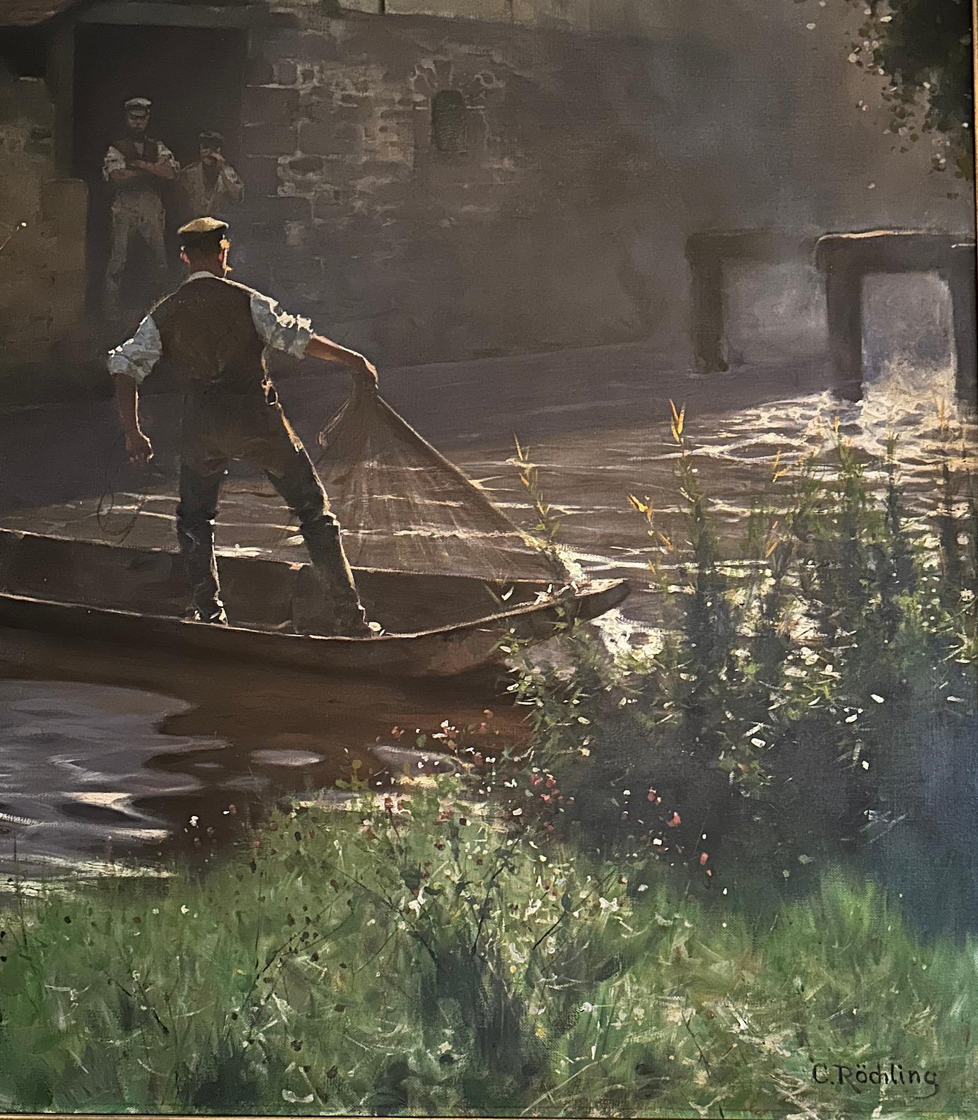Fishing In A Castle Moat - Brown Landscape Painting by Carl Rochling 