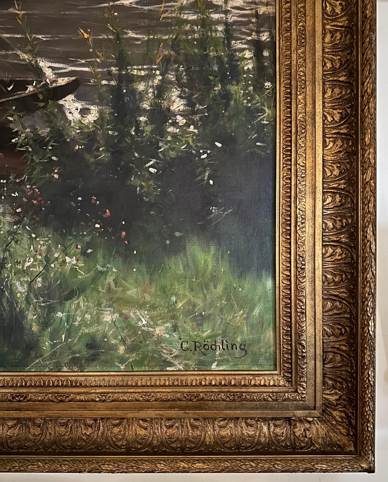“Fishing In A Castle Moat”.  Oil on canvas by listed German artist
  Carl Rochling (1855-1920).  Signed in lower right corner. Framed in a hand-carved gilded frame.
