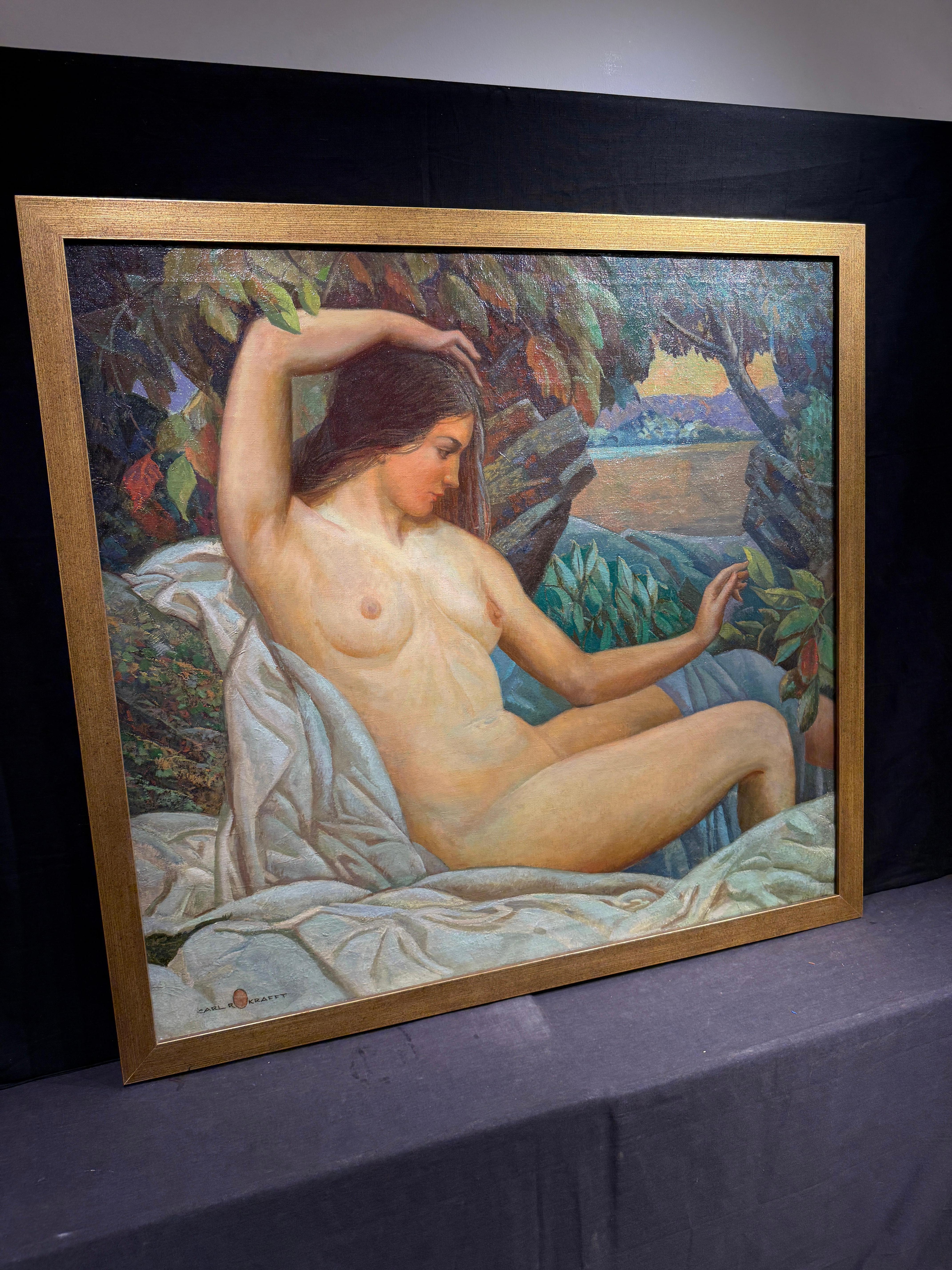 Reclining Nude - Beige Figurative Painting by Carl Rudolph Krafft