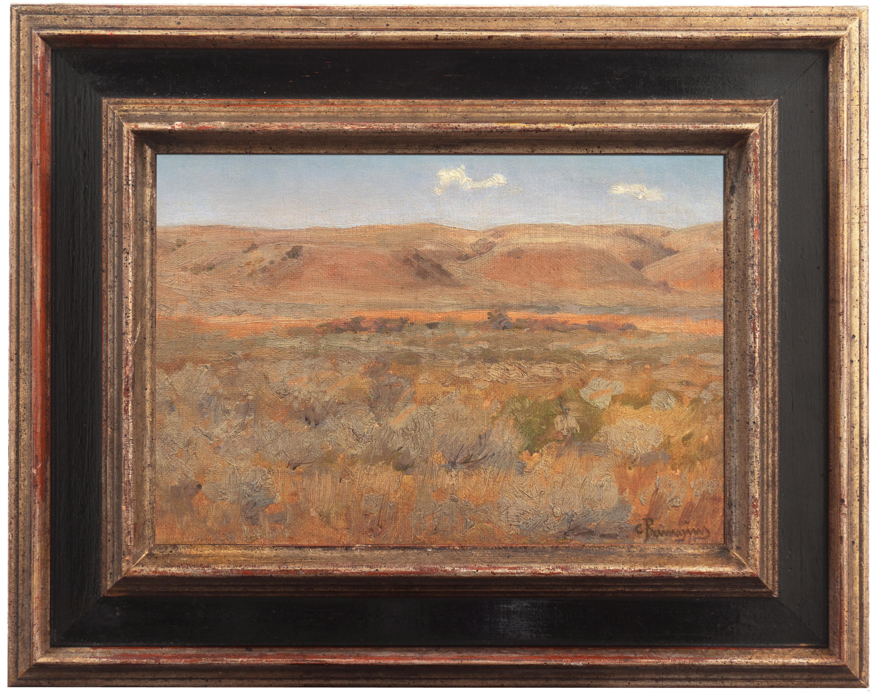 Signed lower right, 'C. Rungius' for Carl Rungius (German-American, 1869-1959) and titled, verso, 'Montana Landscape VIII'. 
Displayed in an ebony painted and gilt-wood frame. Framed dimensions: 13 H x 16 W x 1.5 D inches.

Born in Germany, Carl