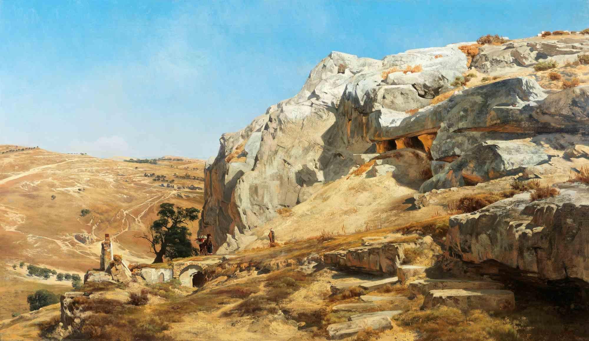 Tombes rupestres à l'extérieur de Jérusalem - Peinture à l'huile par Carl Schirm - 1884