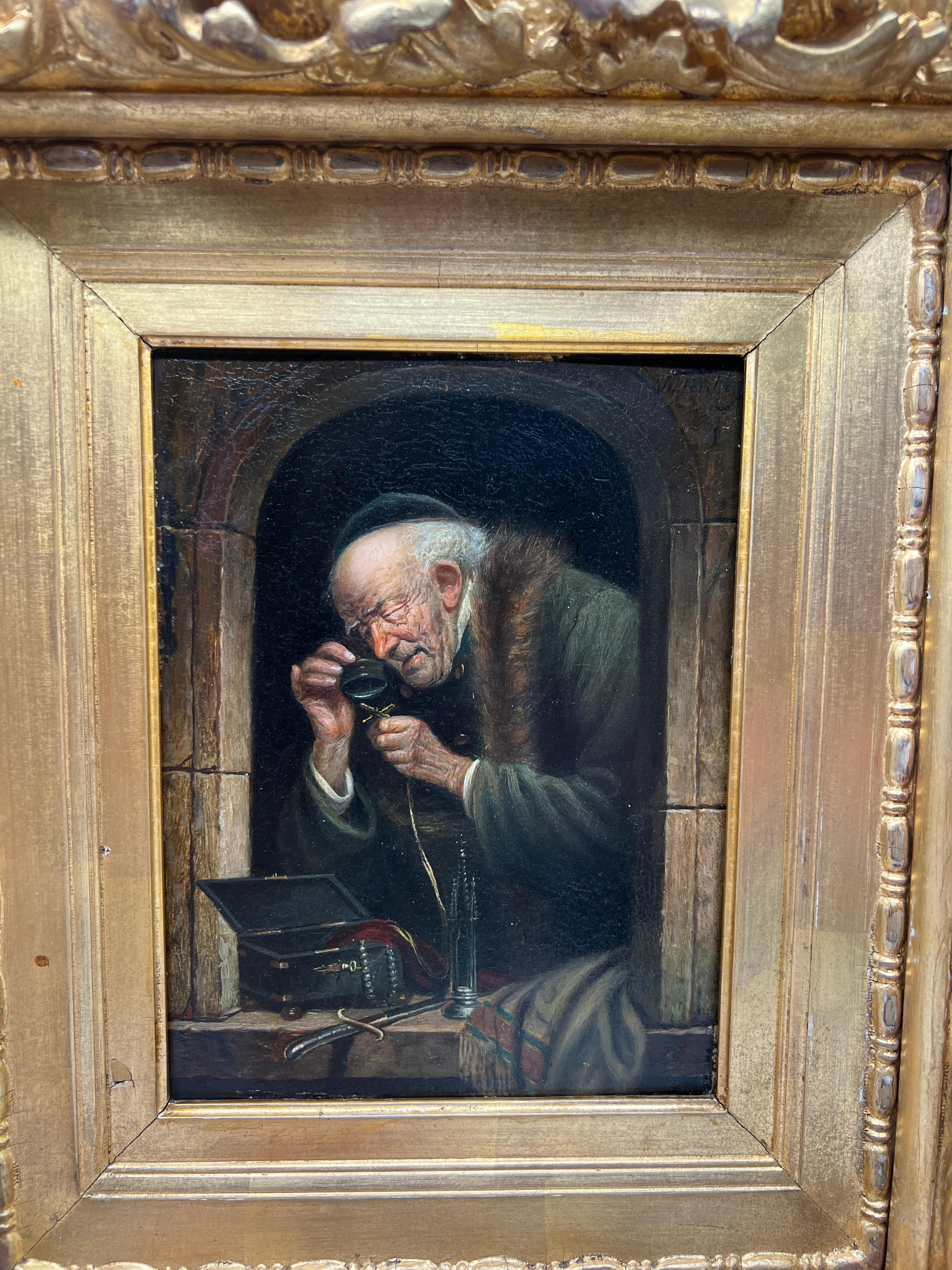 Dieses fesselnde Öl auf Karton von Carl Schleicher, einem bekannten österreichischen Künstler des 19. Jahrhunderts, ist ein Beispiel für seine Meisterschaft in der Genremalerei und seine Fähigkeit, die Feinheiten menschlicher Interaktion