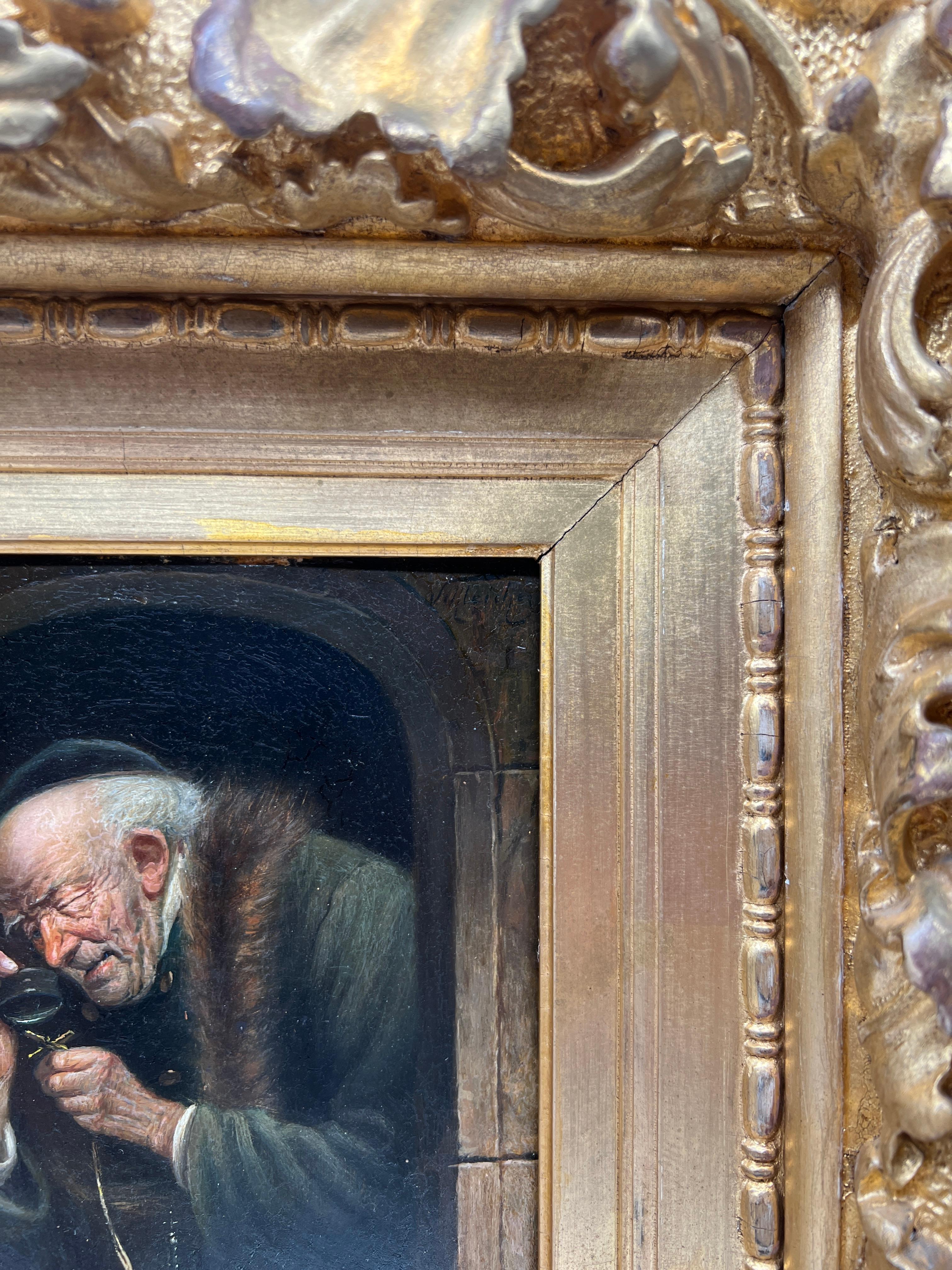 Carl Schleicher (Österreicher, 1825-1903), „The Pawn Broker“, Ölgemälde auf Karton (Vergoldetes Holz) im Angebot