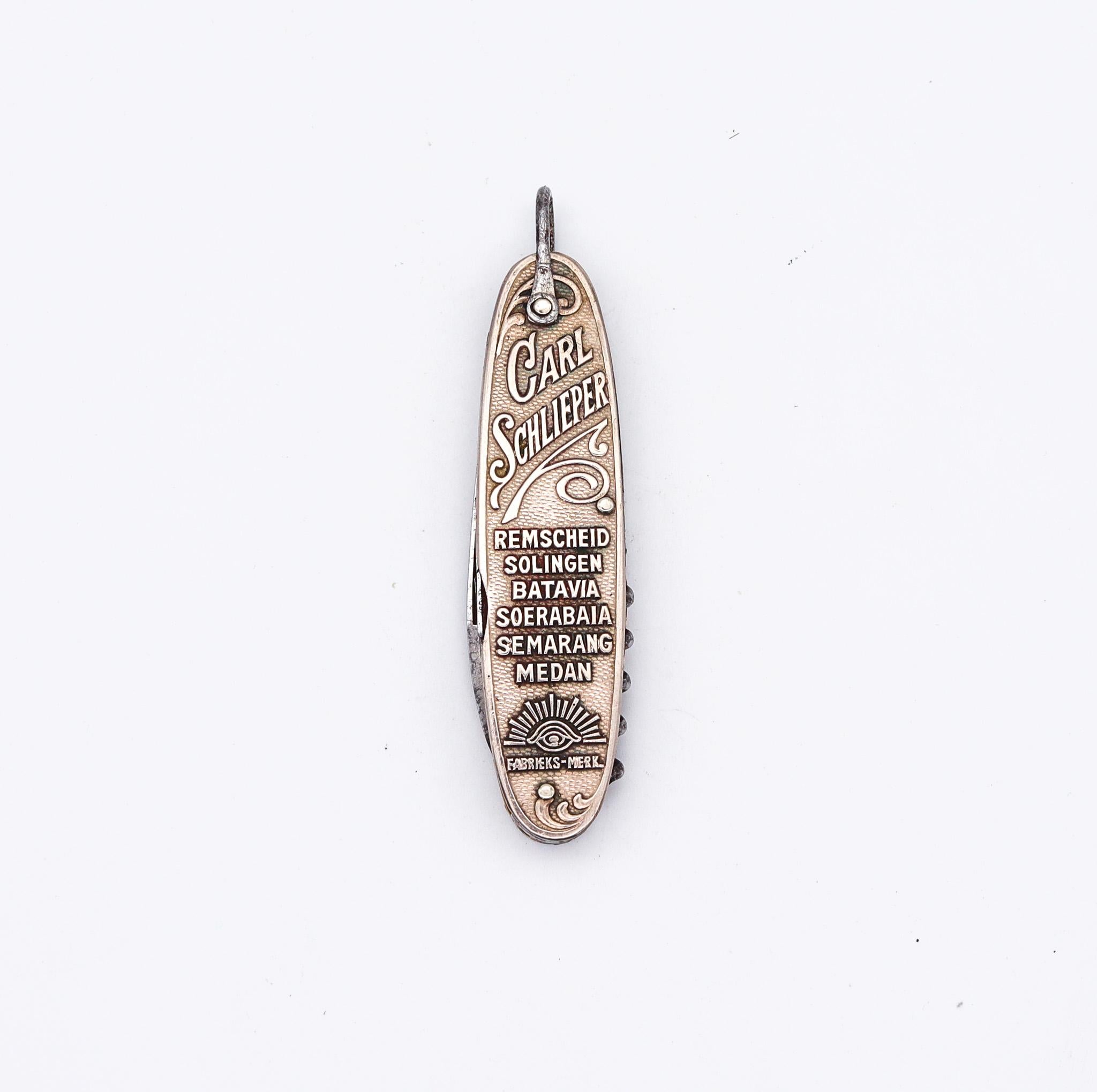 A pocket knife designed by Carl Schlieper.

Beautiful antique pocket knife, created in Germany by the Carl Schlieper Co, back in the 1930. This pocket knife is very unusual, crafted with art deco industrial motif in solid Solingen steel and silver