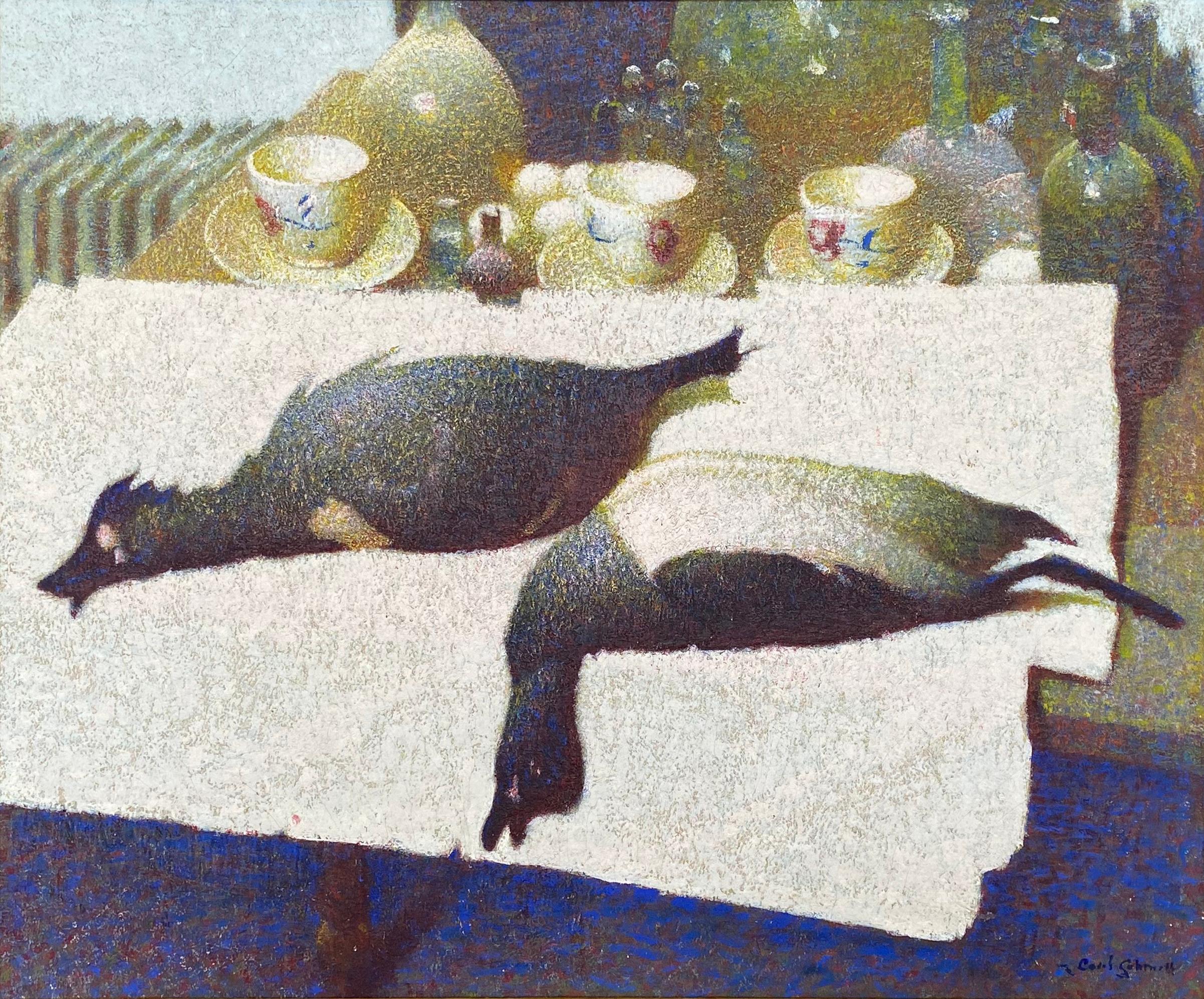 Ducks, A still life teacups and objects - American Realist Painting by Carl Schmitt