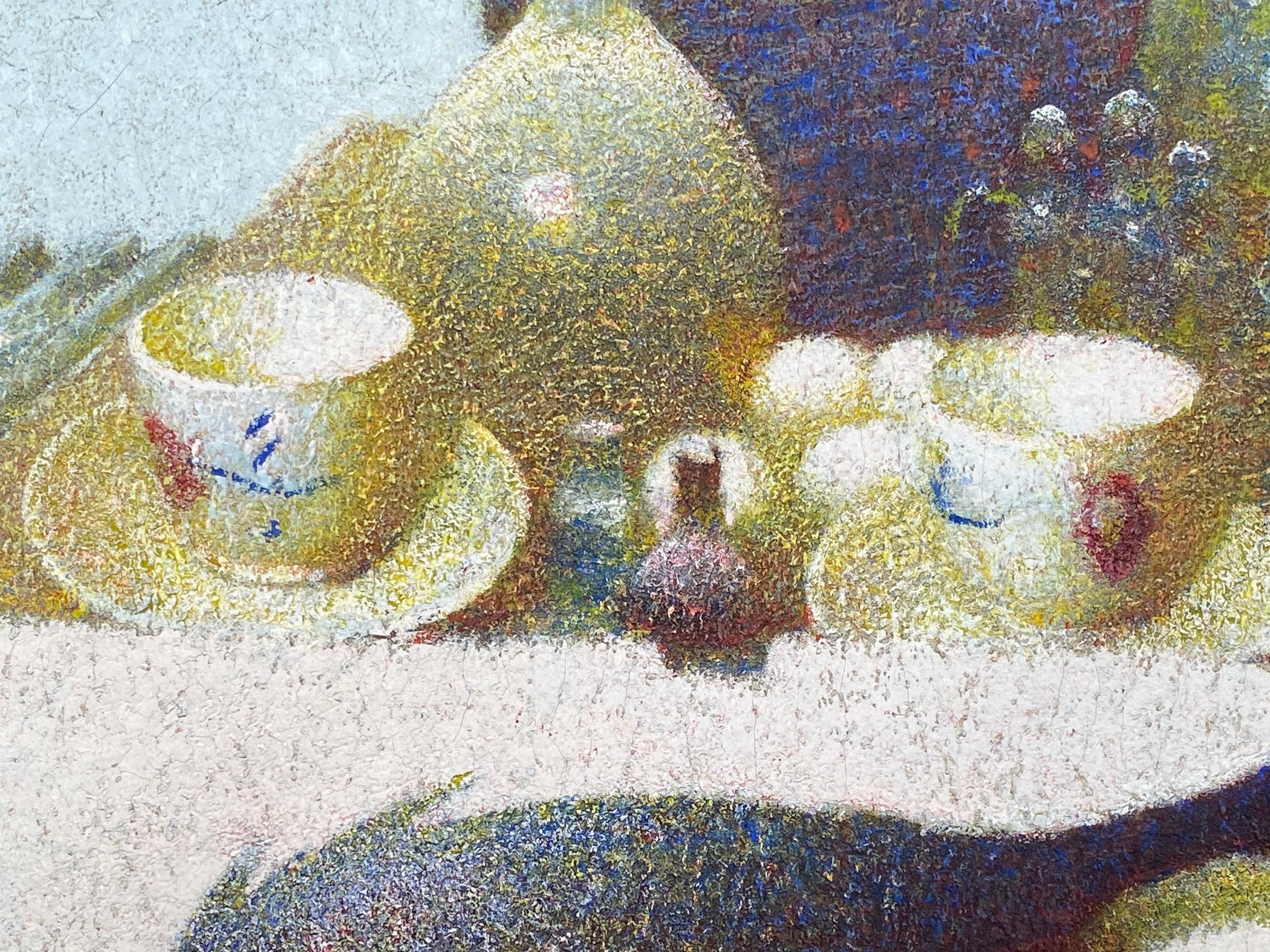 Ducks, A still life teacups and objects - Brown Still-Life Painting by Carl Schmitt