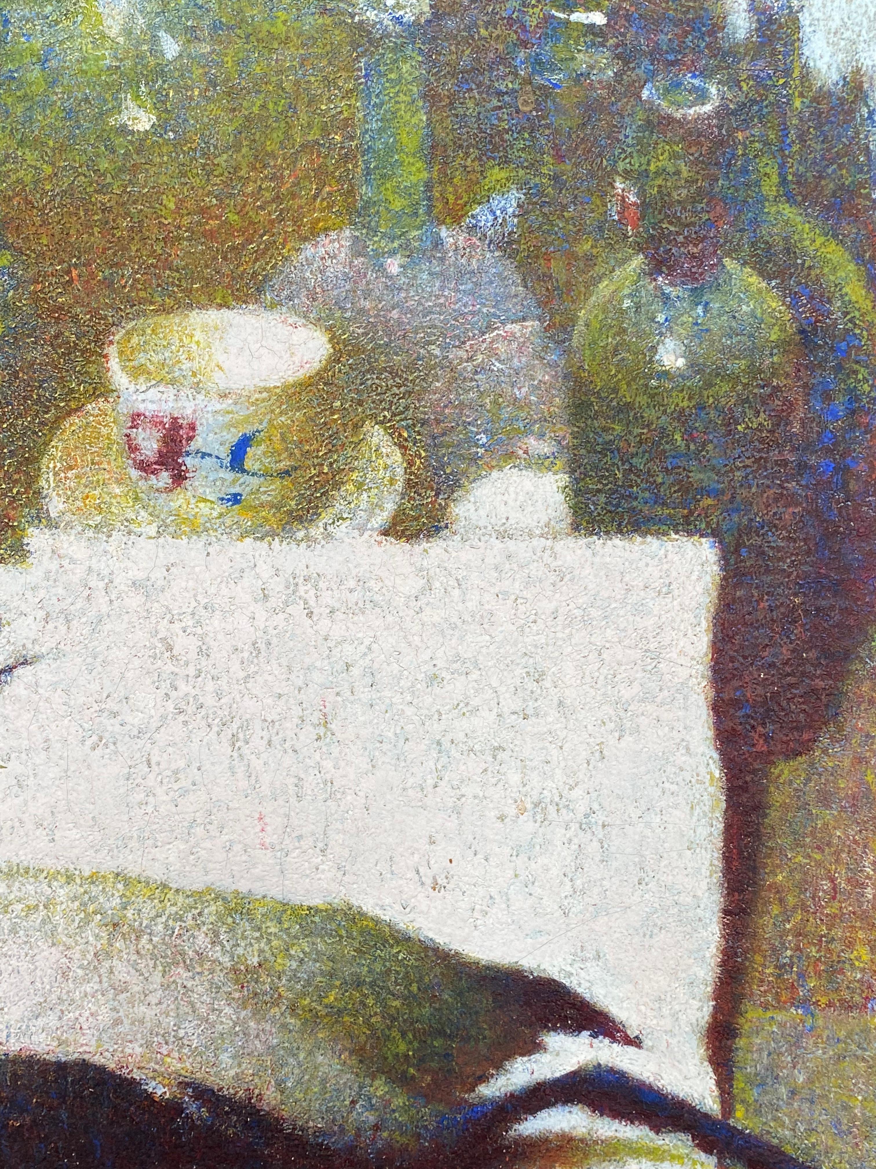 In Ducks in the Studio Schmitt reveals the influence of the Impressionists and the Pointillists by adopting their bright and pure colors. However, he chose not to paint with small dots but rather through small staple type dots and layers of color