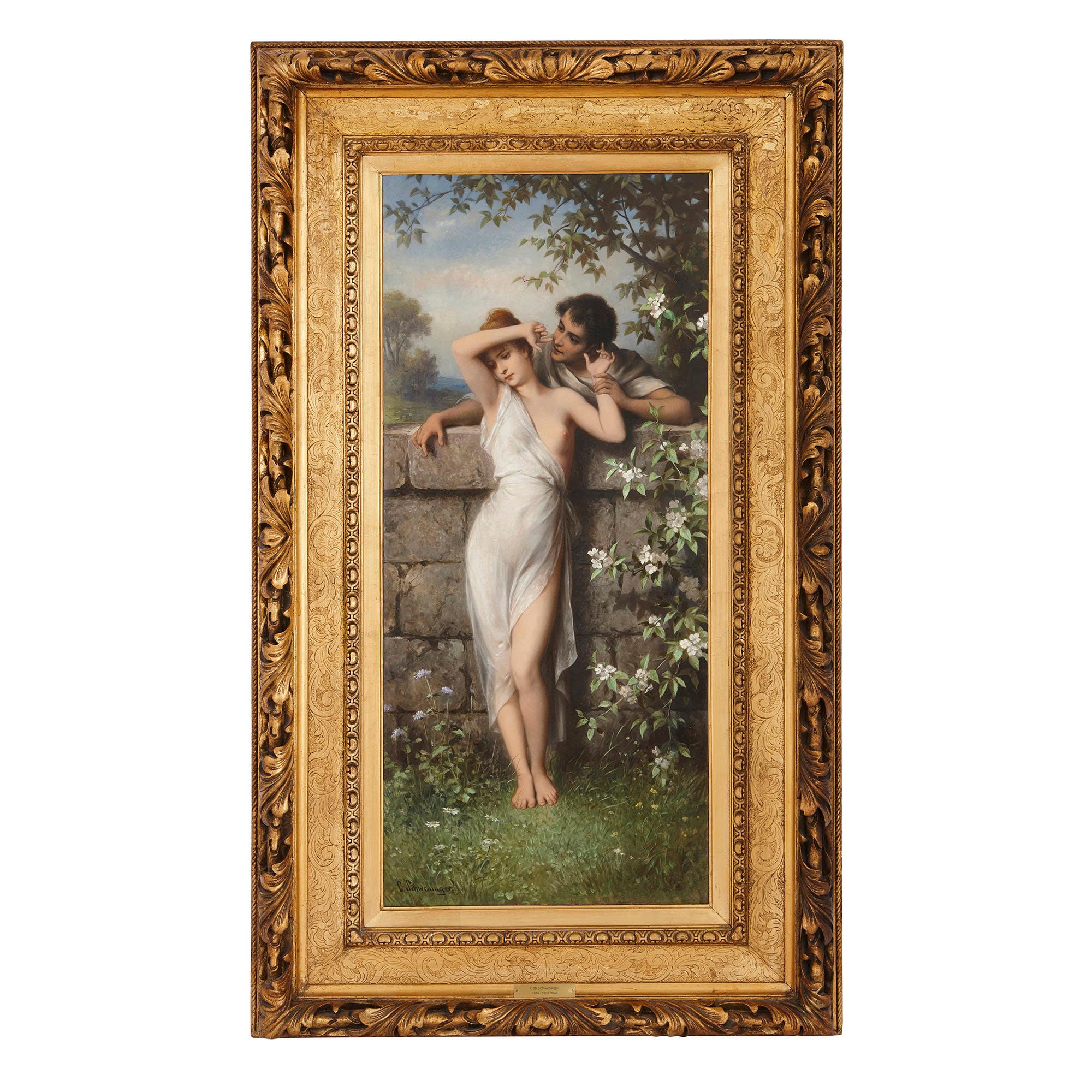 Carl Schweninger the Younger Nude Painting - Oil painting of young lovers by Schweninger the Younger 
