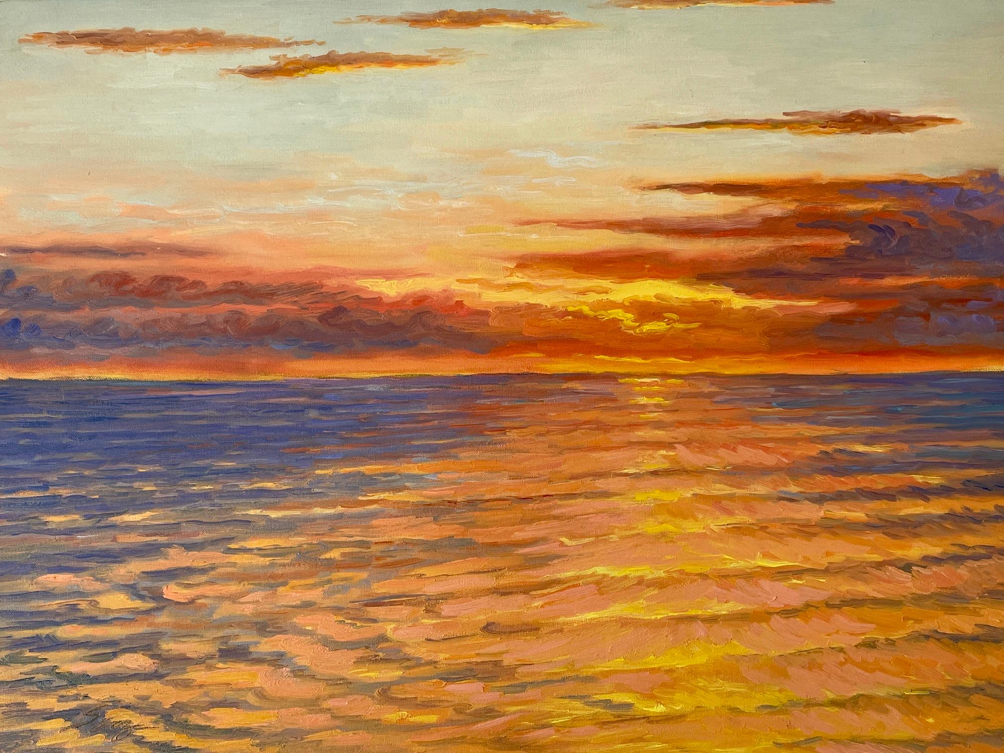 Carl Scorza Landscape Painting - Impressionistic Sunset -- Sun setting off Long Island's East End, New York. 