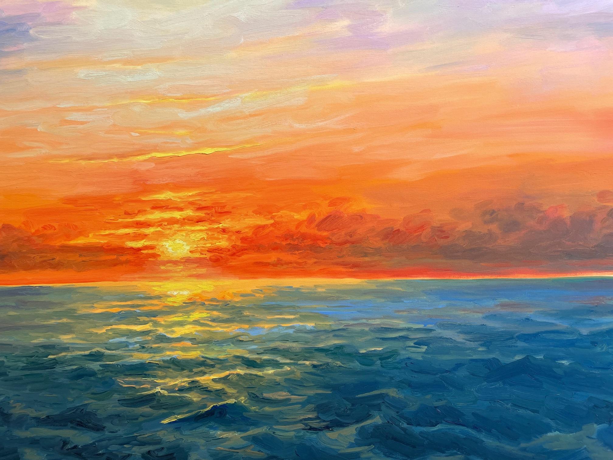 Sunset's Rippling Waves -- As the sun sets on Long Island, New York.  - Painting by Carl Scorza