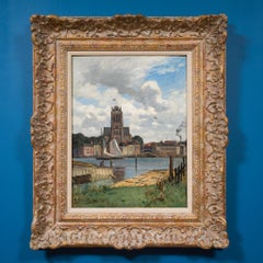 Dutch Town Landscape Painting, Oil on Wood, Circa 1875-1880