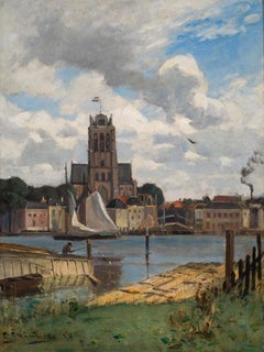 Dutch Town Landscape Painting, Oil on Wood, Circa 1875-1880