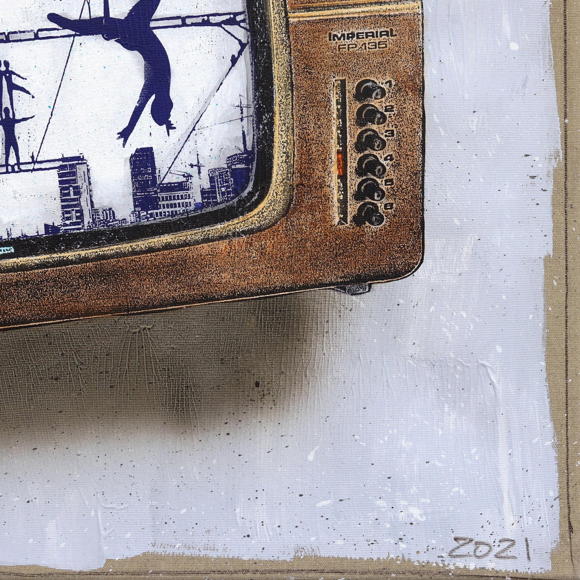 Live Wire, œuvre d'art originale rétro et rétro de télévision, peinture d'un Act en fil de fer en vente 3