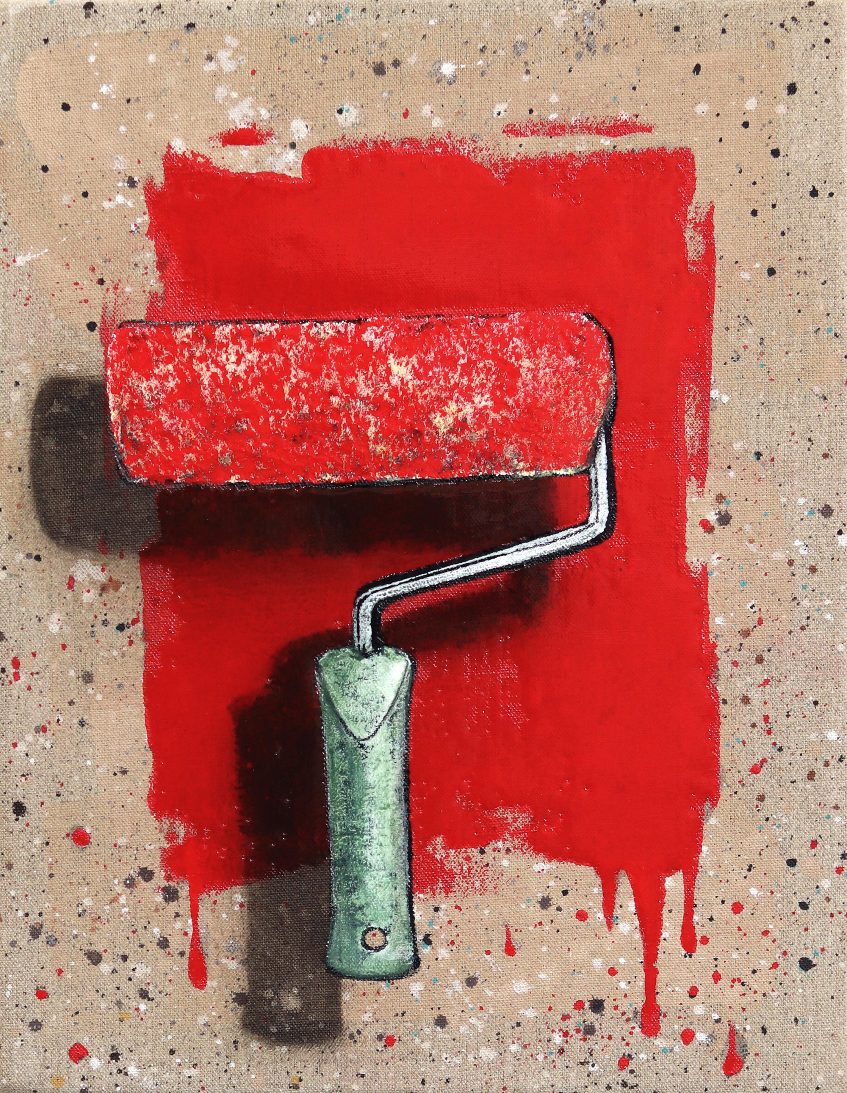 New Attitude - Original Surrealist Red Paint Brush Pop Art on Canvas - Mixed Media Art by Carl Smith