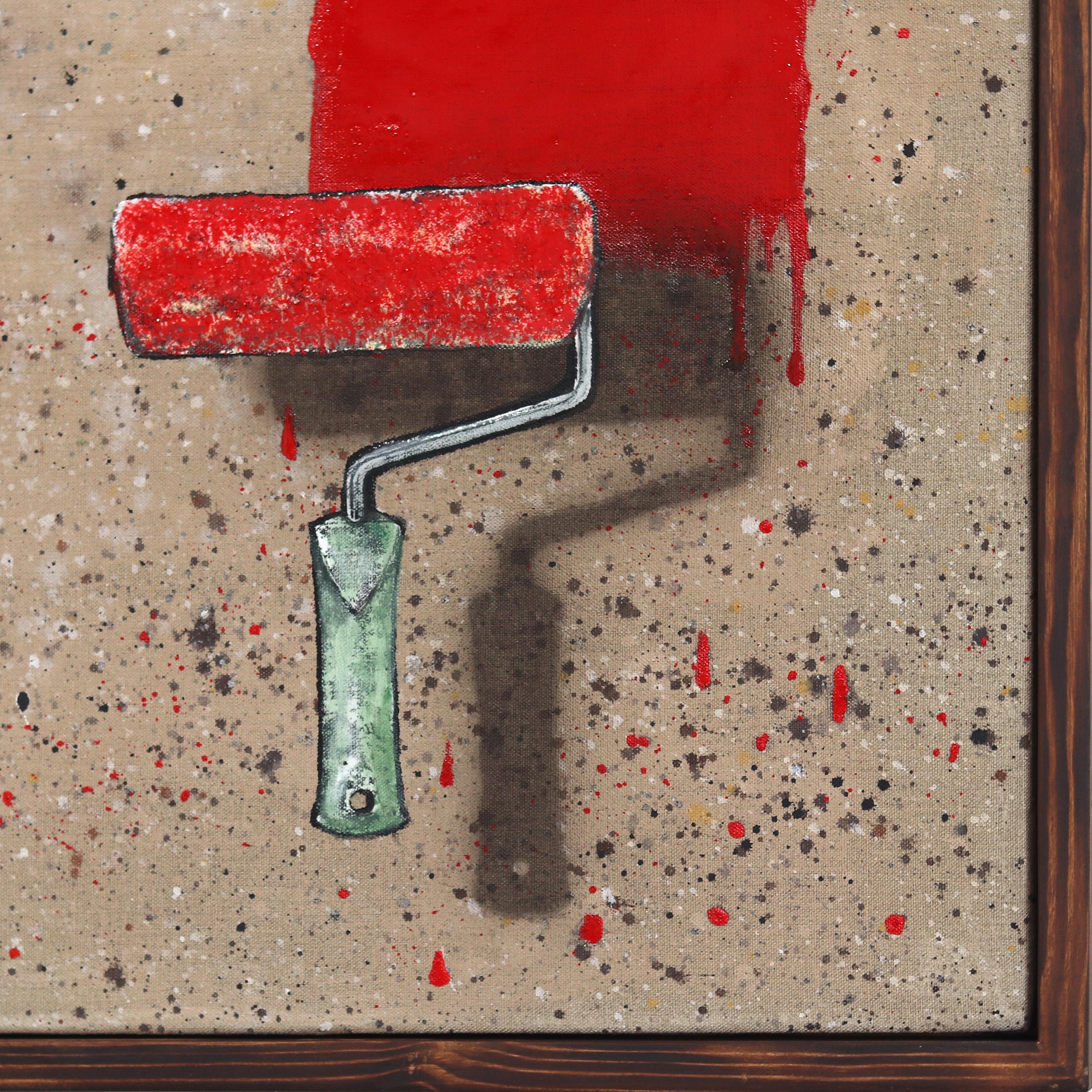 Over The Top - Original Surrealist Red Paint Brush Rectangle Pop Art on Canvas For Sale 1