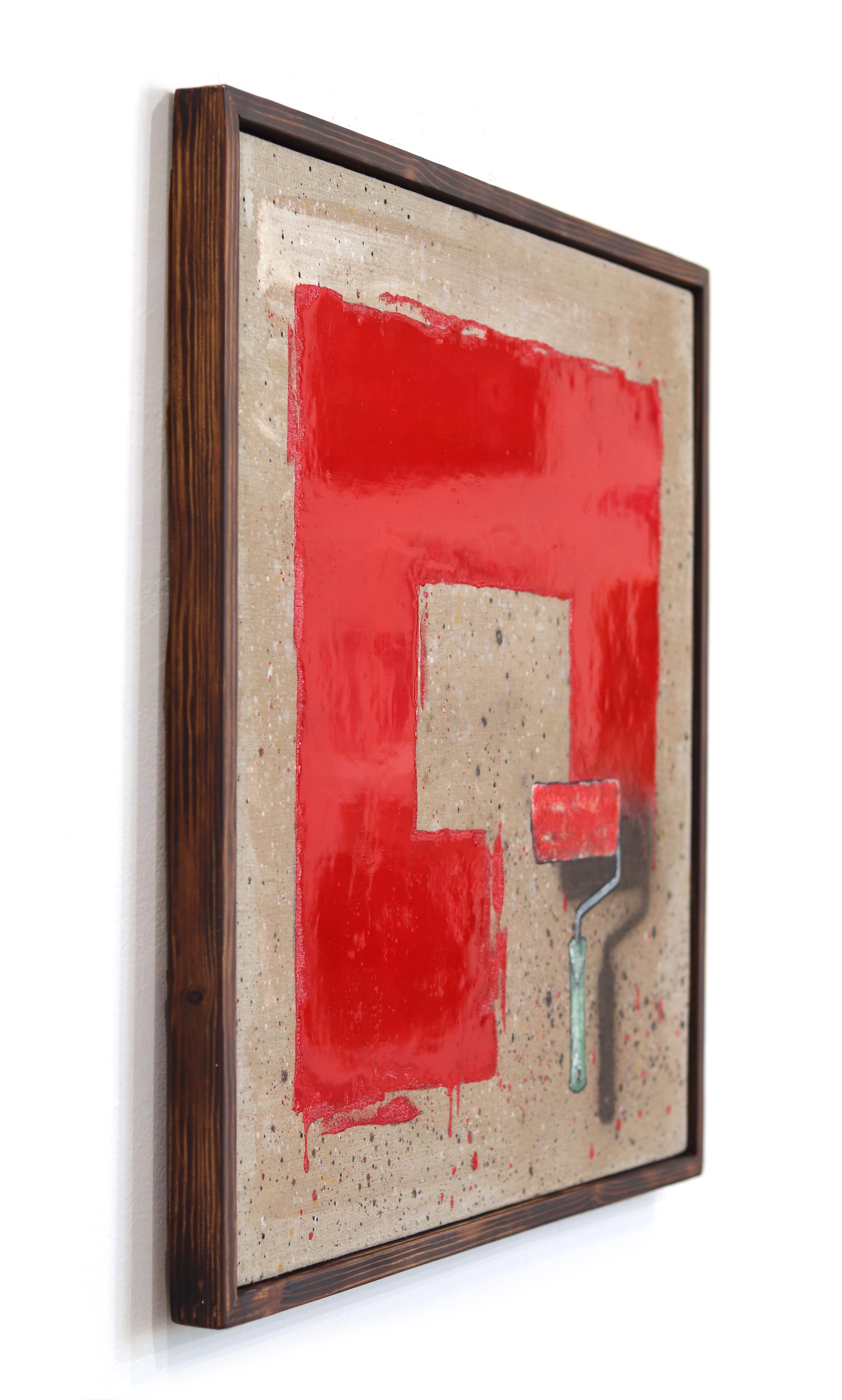 Over The Top - Original Surrealist Red Paint Brush Rectangle Pop Art on Canvas For Sale 2