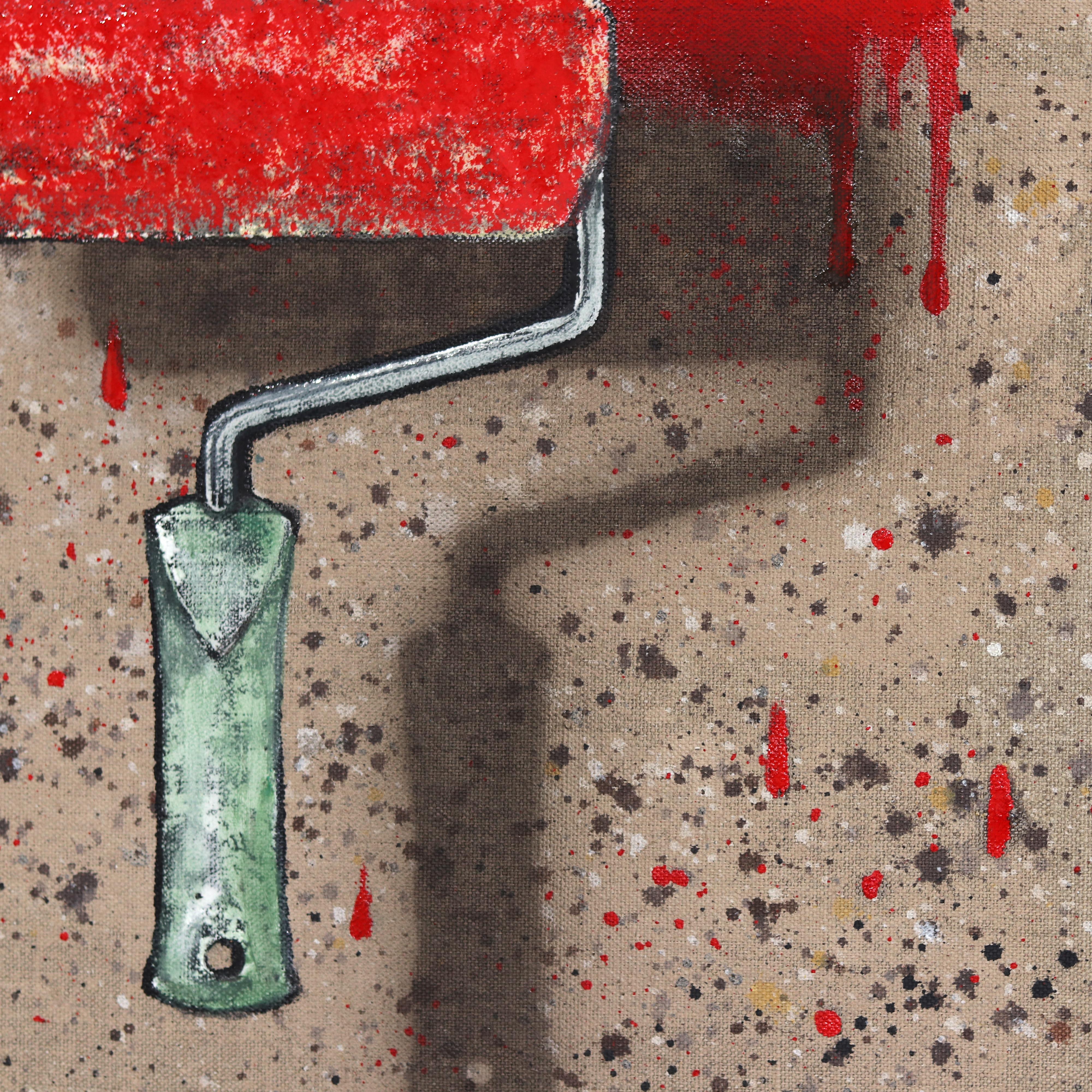 Over The Top - Original Surrealist Red Paint Brush Rectangle Pop Art on Canvas For Sale 7