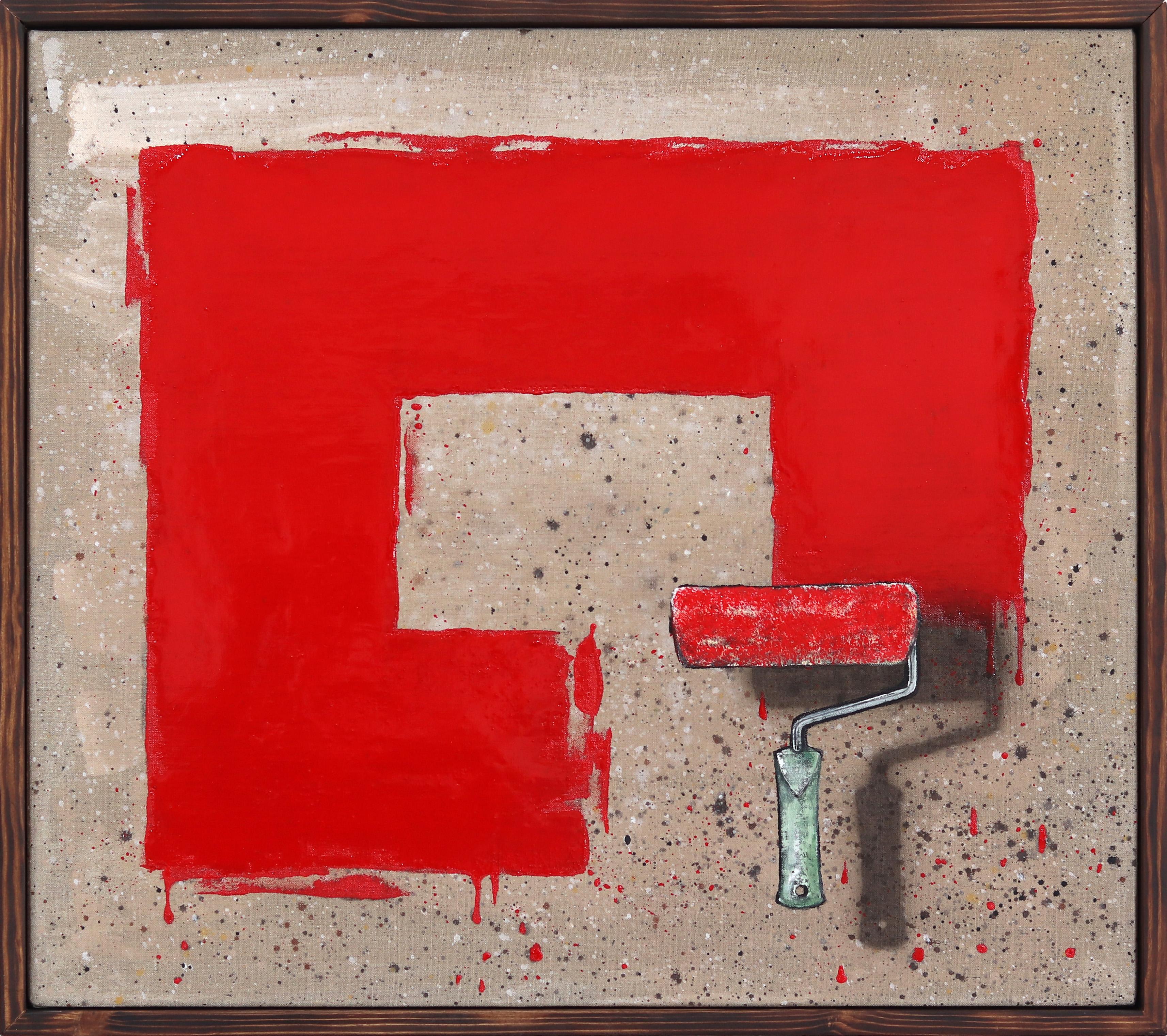 Over The Top - Original Surrealist Red Paint Brush Rectangle Pop Art on Canvas - Mixed Media Art by Carl Smith