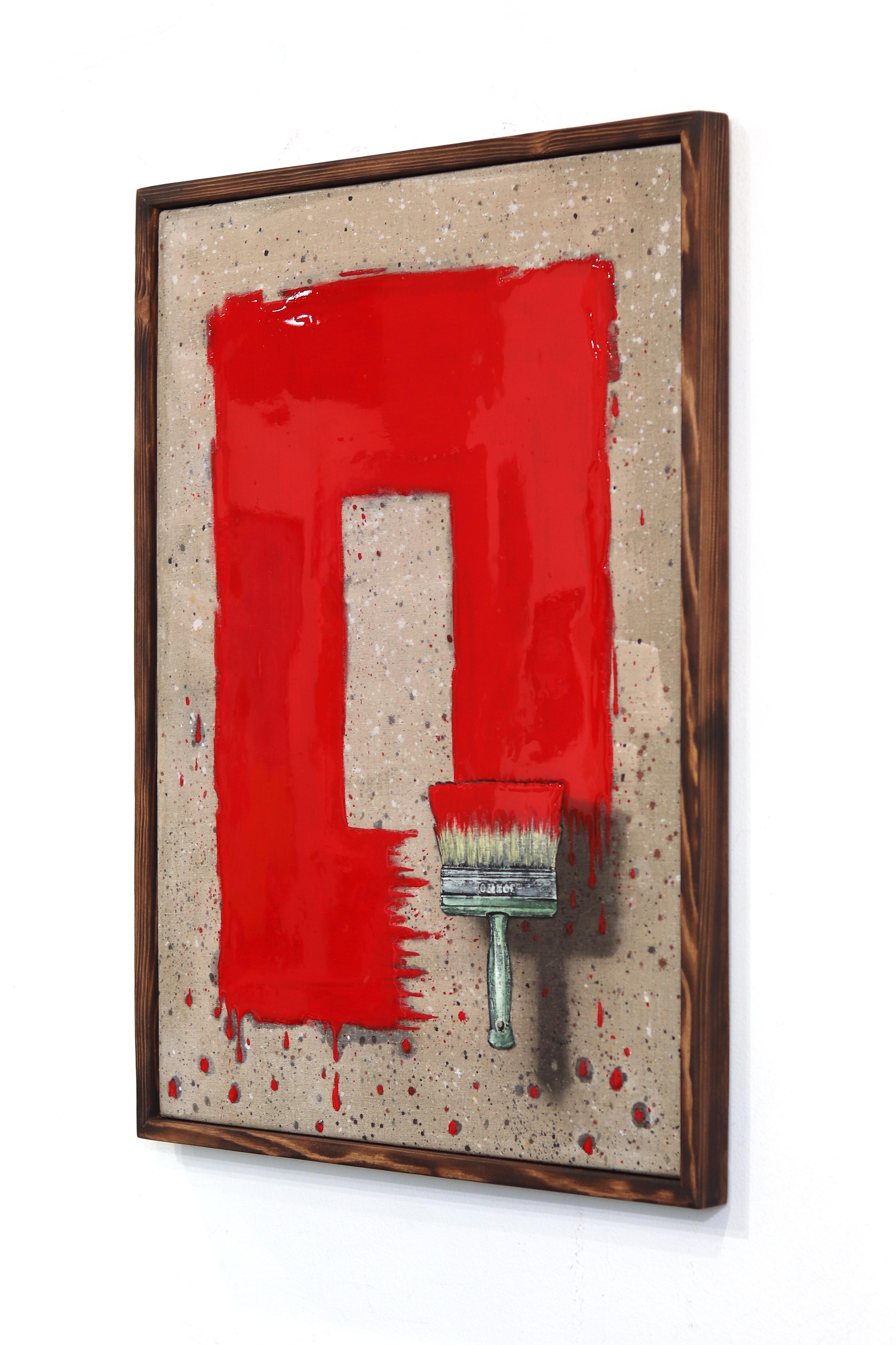 Pre-Eminence - Originale pennello surrealista rosso, rettangolo pop art su tela - Still-Life Painting Rosso di Carl Smith