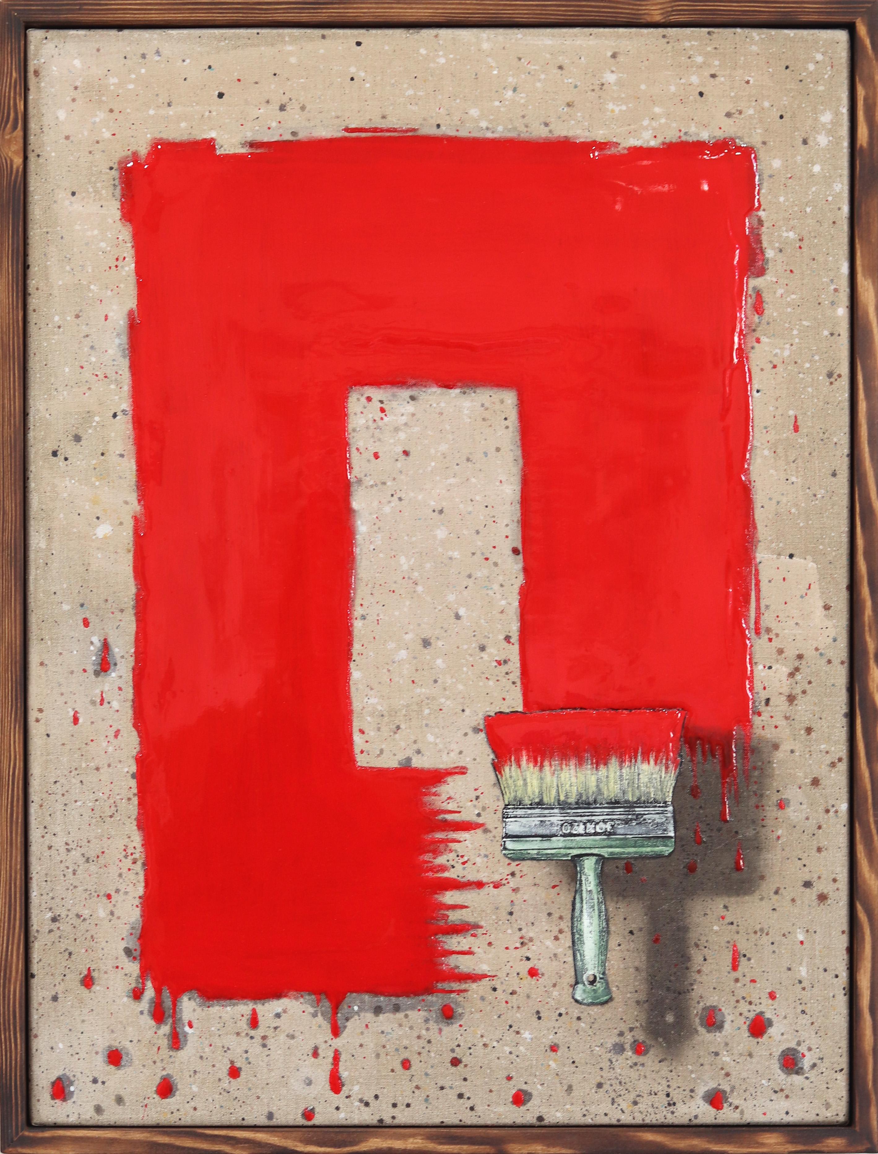 Still-Life Painting di Carl Smith - Pre-Eminence - Originale pennello surrealista rosso, rettangolo pop art su tela