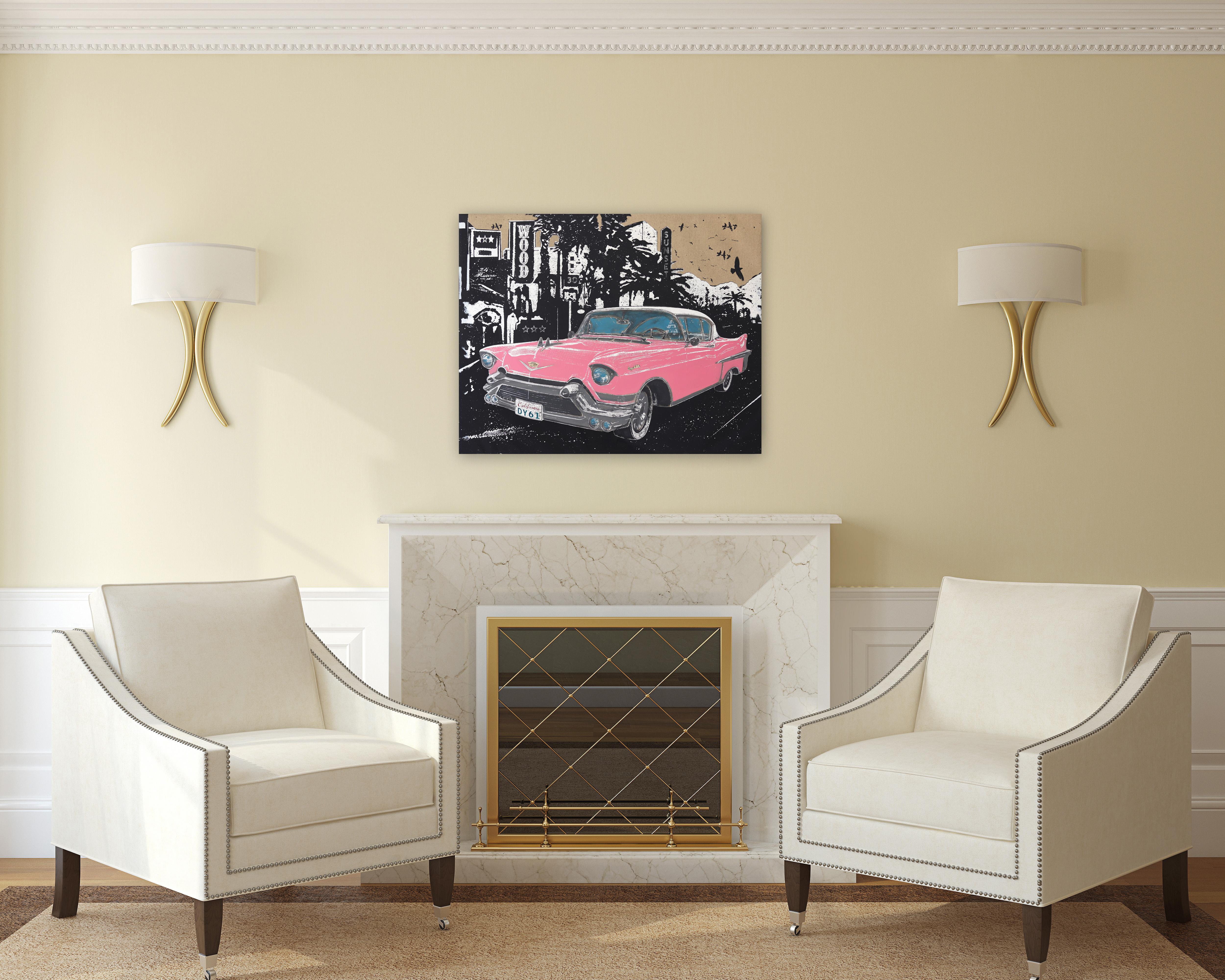 Riding In Style - Arte dell'auto classica rosa originale: Eleganza dell'Automotive d'Epoca - Mixed Media Art Pop Art di Carl Smith