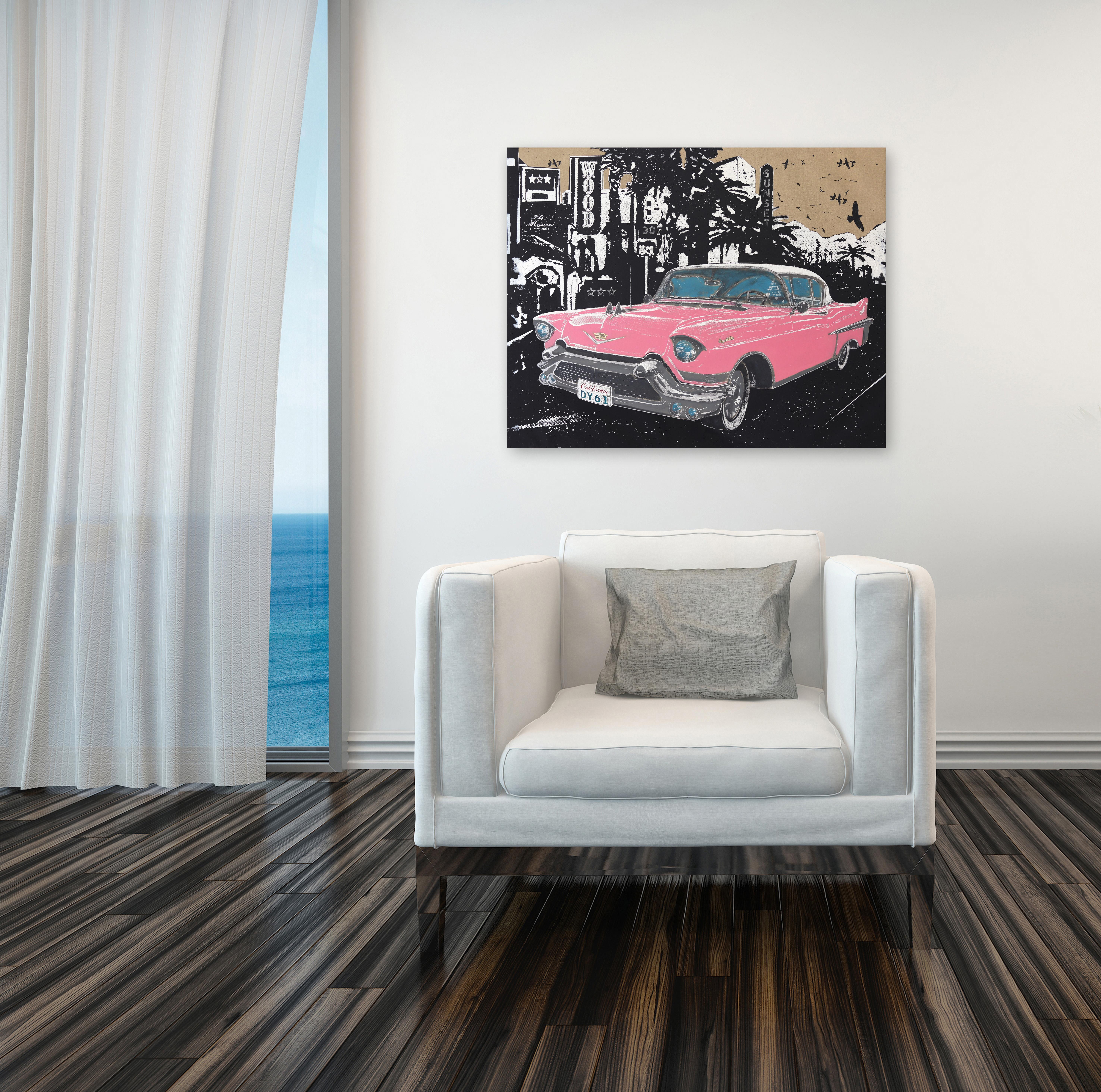 Riding In Style - Arte dell'auto classica rosa originale: Eleganza dell'Automotive d'Epoca in vendita 3