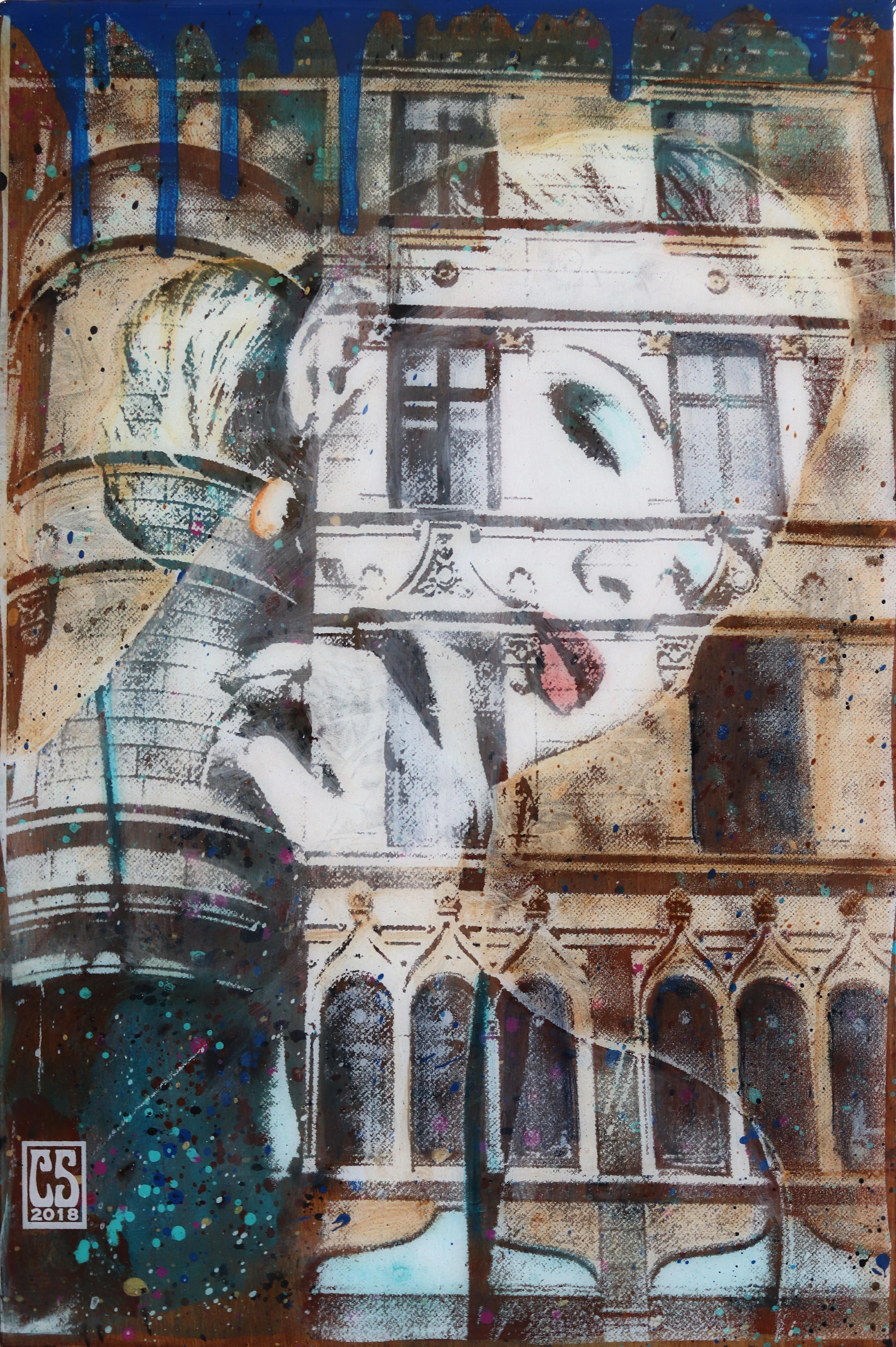 Reflejo esbelto - Pintura figurativa abstracta contemporánea de resina Mujer de ciudad - Mixed Media Art de Carl Smith
