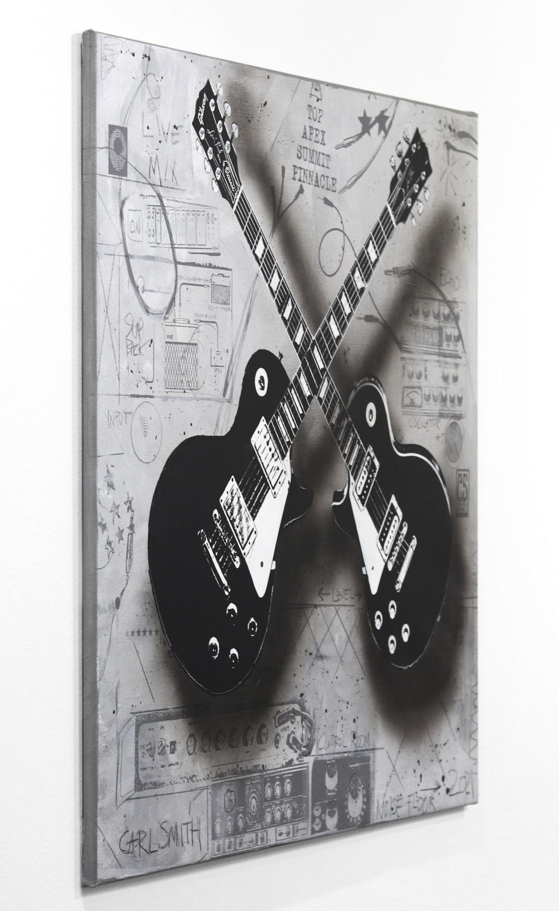 Apex - Duo original de guitares électriques sur toile : Une symphonie sonore dans l'art - Gris Still-Life Painting par Carl Smith
