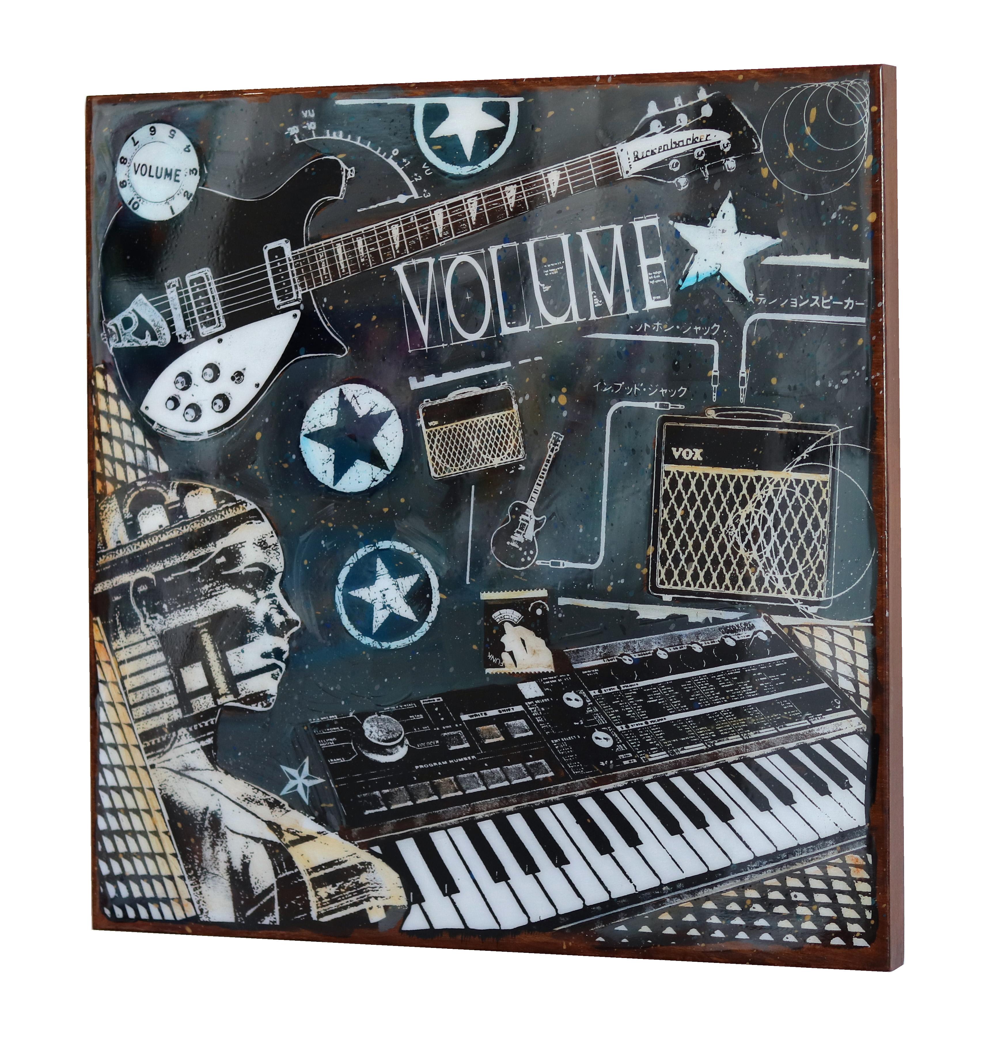 Volume! - Opera d'arte originale Strumenti musicali Chitarra Tastiera Amplificatore Pittura in vendita 1