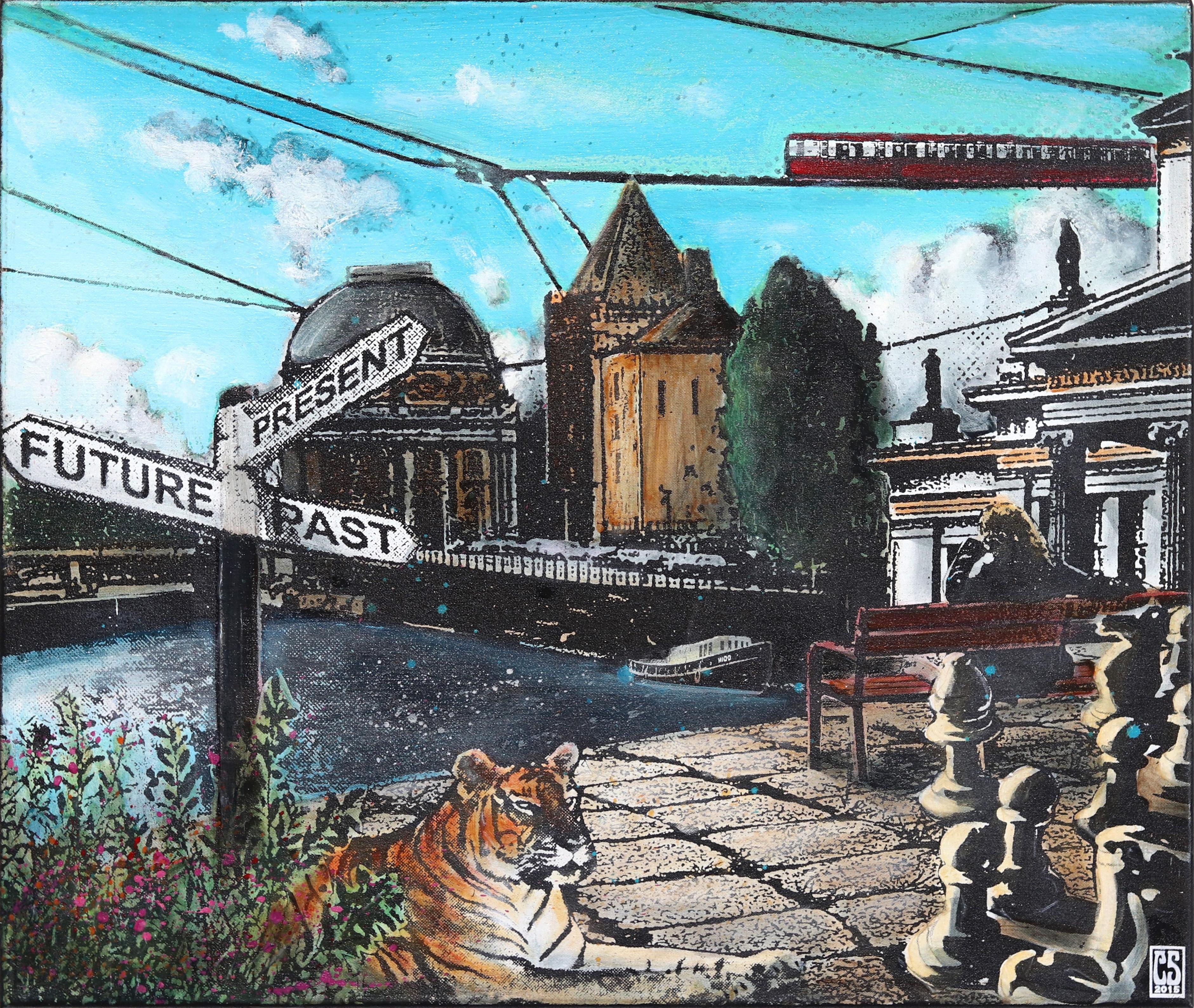 Wrinkle in Time - Future Present Past Painting City Scene Chess Tiger Painting