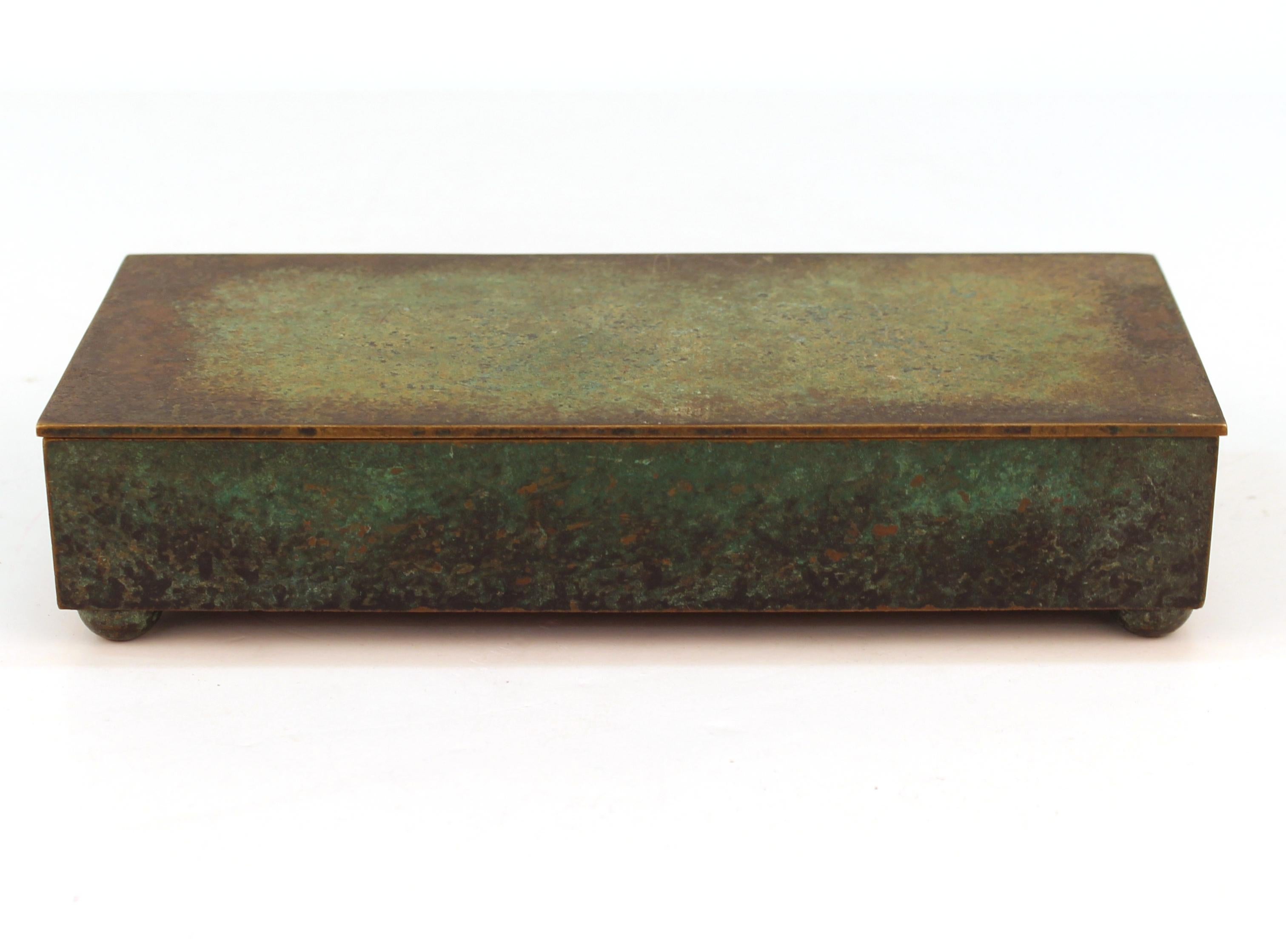Carl Sorensen Arts & Crafts or early Art Deco verdigris green patinated bronze box with cedar lined interior. Bottom stamped with designers signature.