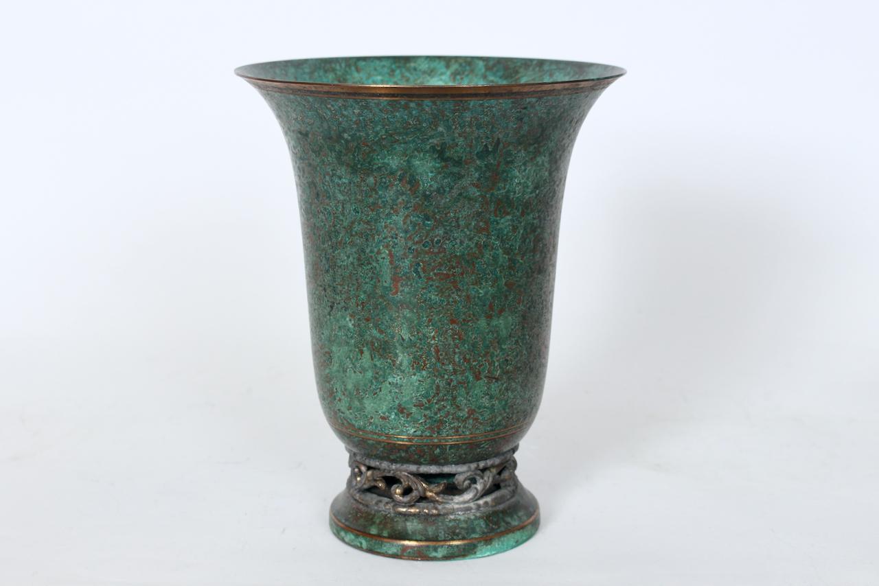 Glazed Carl Sorensen Bronze Verdigris Tone Trumpet Vase, 1920's For Sale