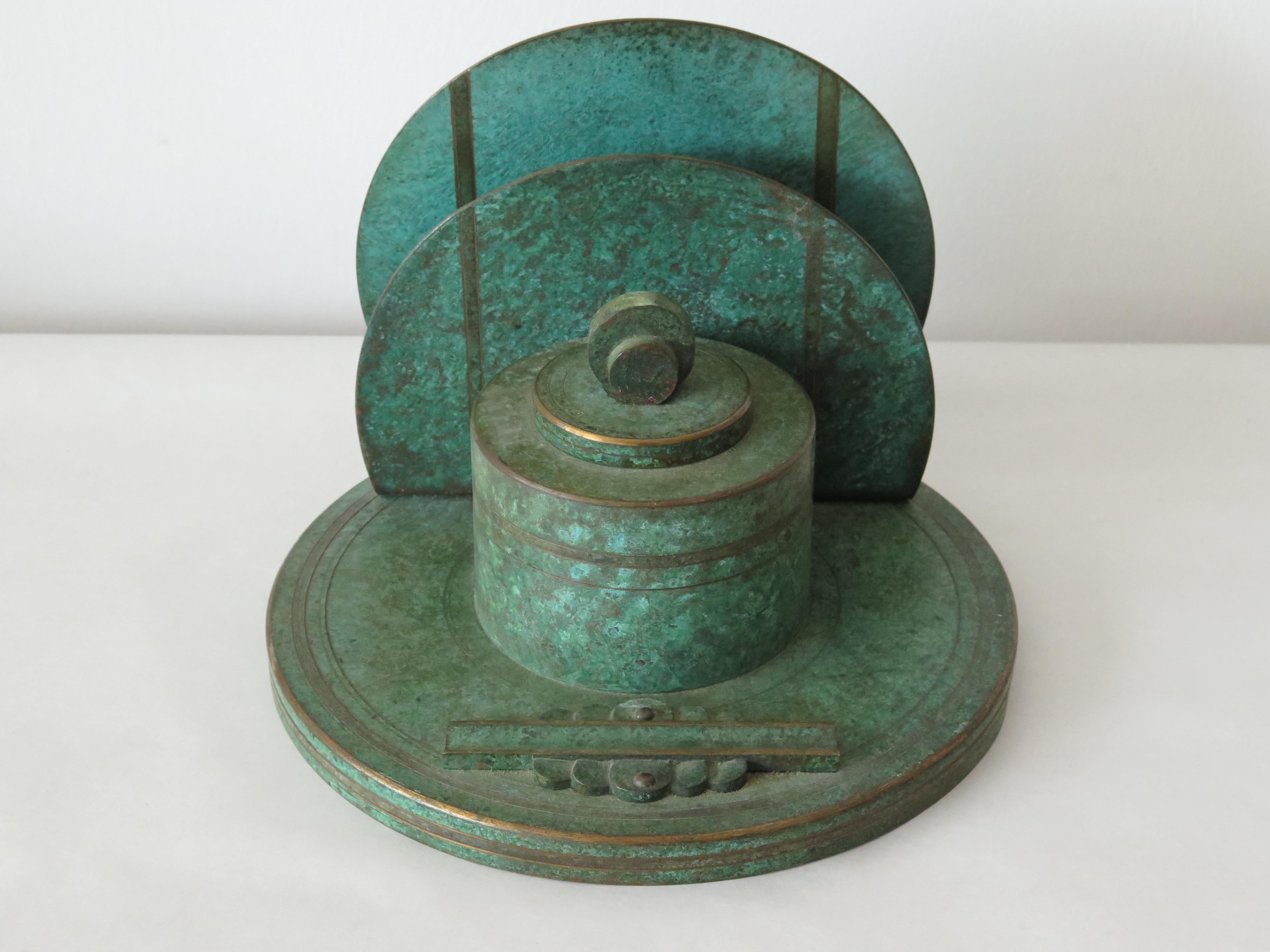 A rare and unusual Carl Sorensen collection of desk accessories-stamps, blotters, letter openers, ink blotters. Beautiful bronze patina and verdigris finish.