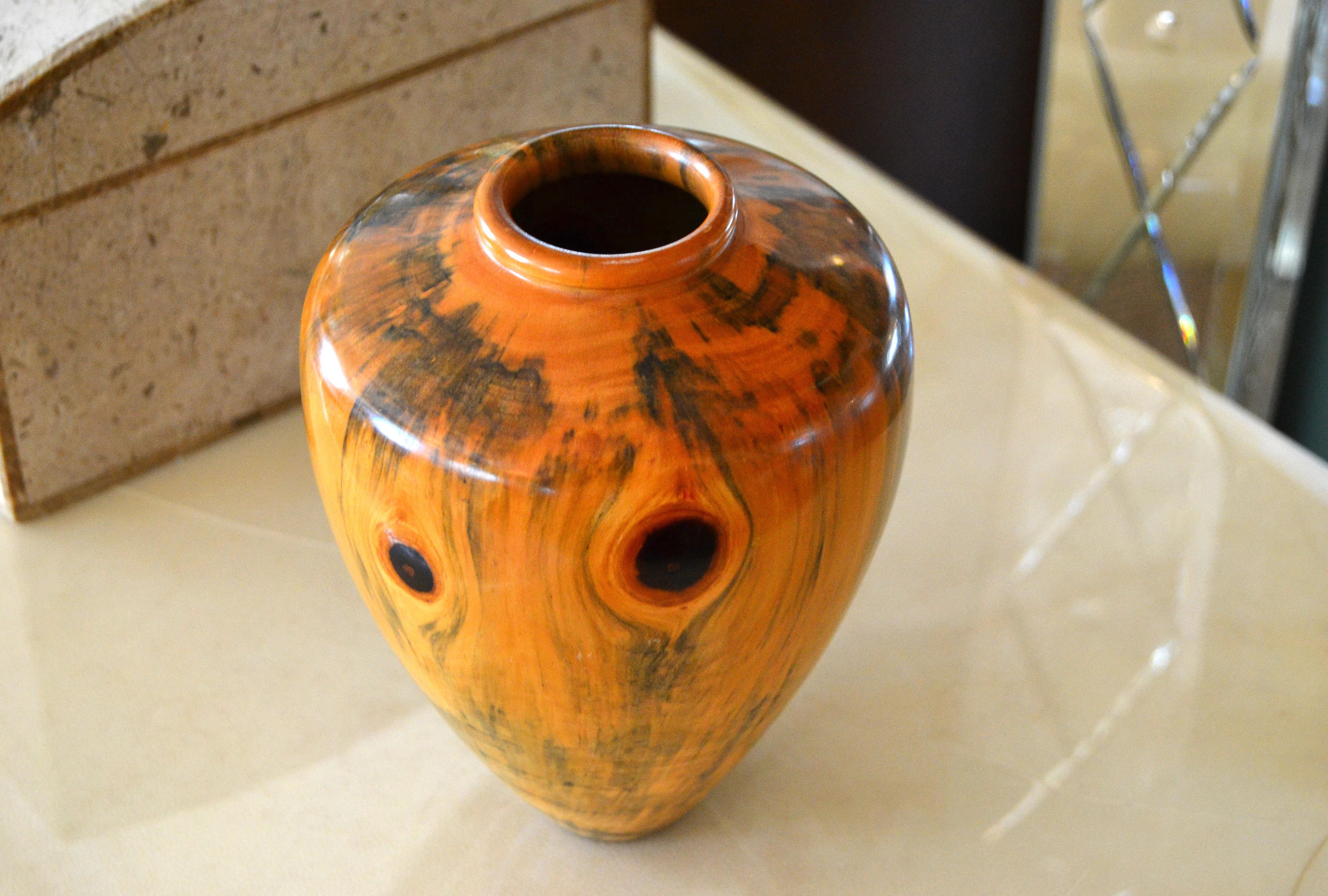 American Craftsman Carl Spinner Decorative American Handcrafted Exotic Turned Wood Lacquered Vase
