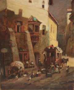 Óleo sobre tabla - Calle con carruaje