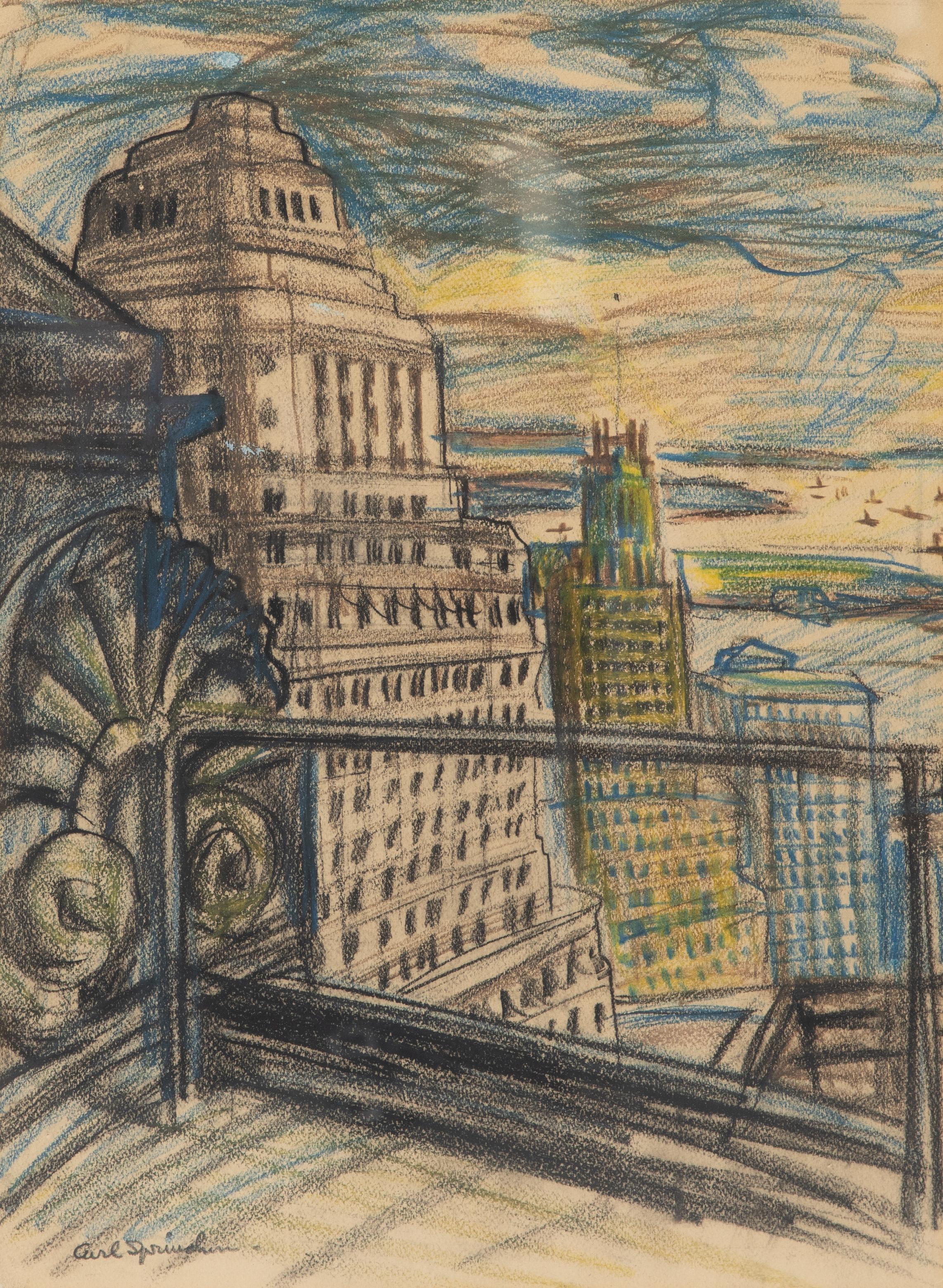 Carl sprinchorn mixed media crayon & pastel on paper depicting view of New York City building, signature lower left. Image: 19