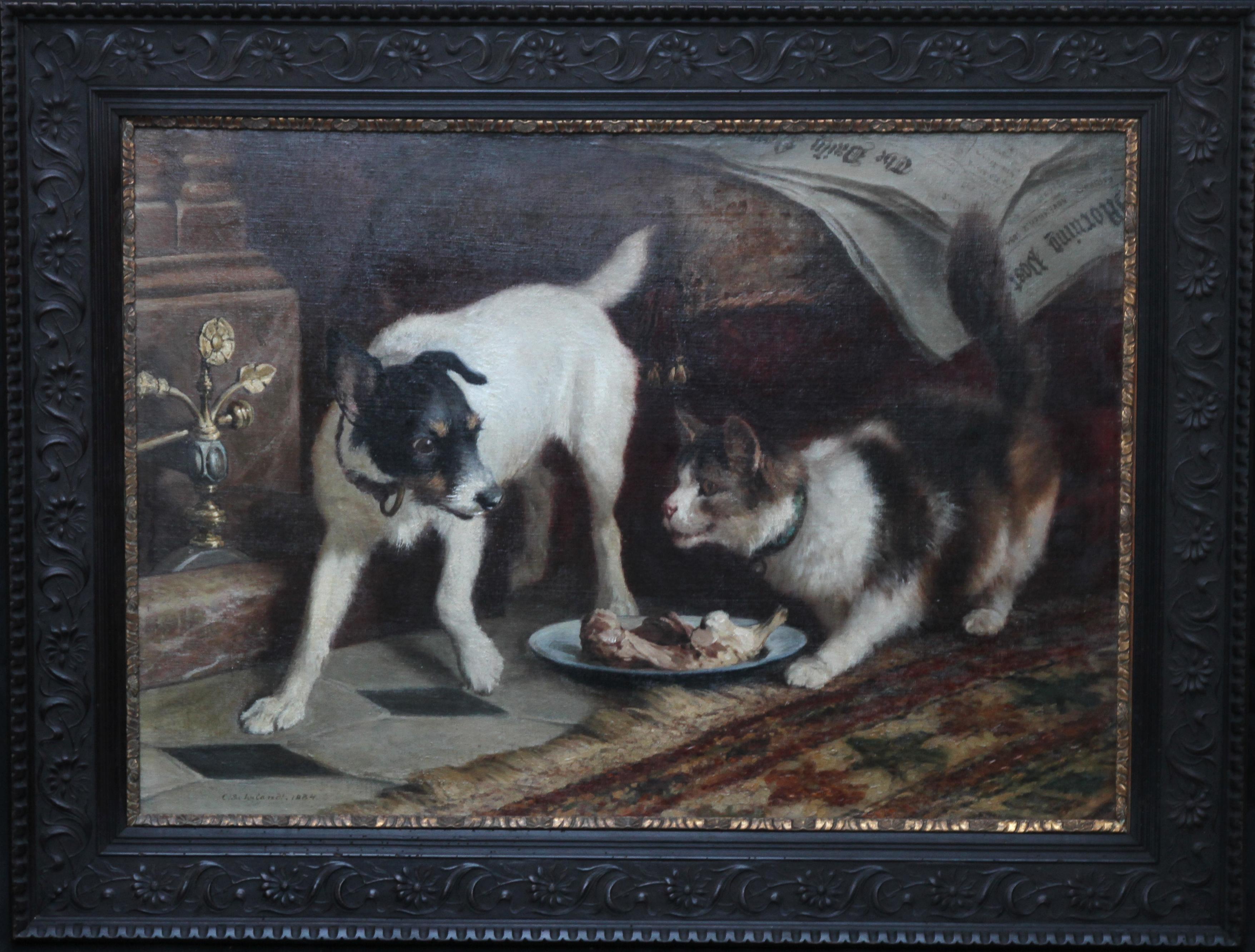 Portrait of a Cat and Dog - Victorian genre 1884 animal art oil painting For Sale 7
