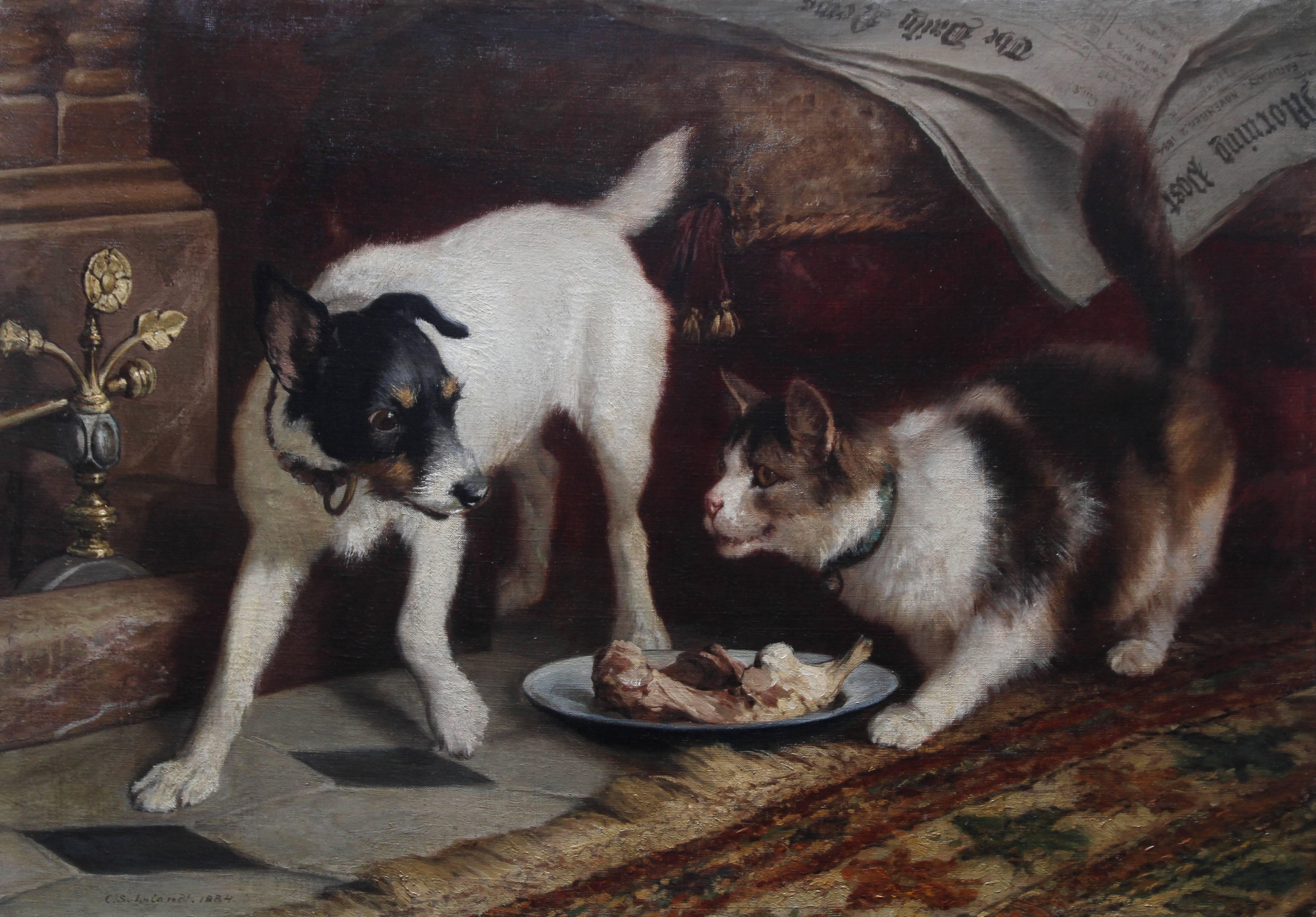 Portrait of a Cat and Dog - Victorian genre 1884 animal art oil painting - Painting by Carl Suhrlandt