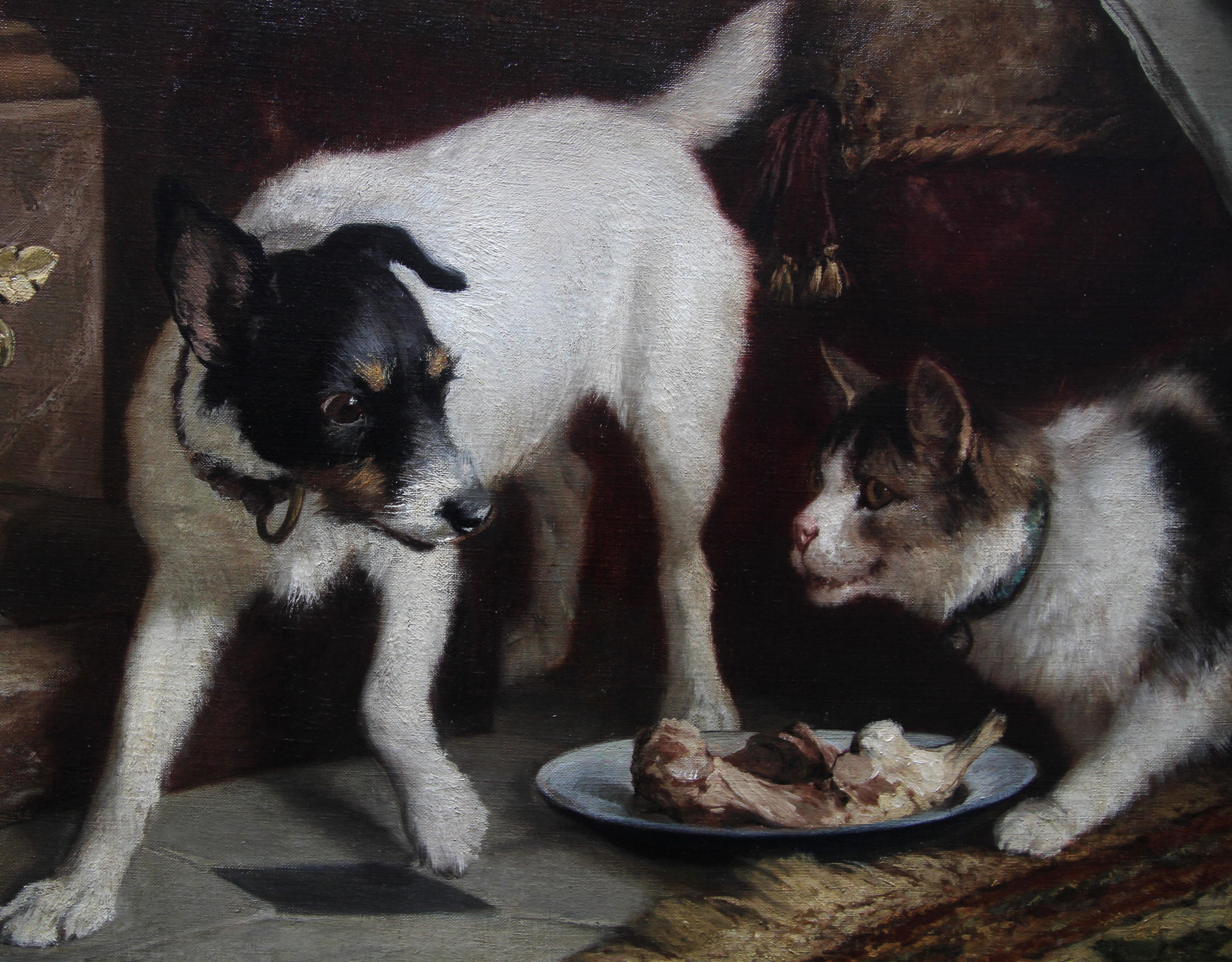 This superb Victorian animal portrait oil painting is by noted listed artist Carl Suhrlandt. Painted in 1884 it is a lovely portrait of a cat and dog in a living room at supper time. The detail of the interior is all at animal eye level - the