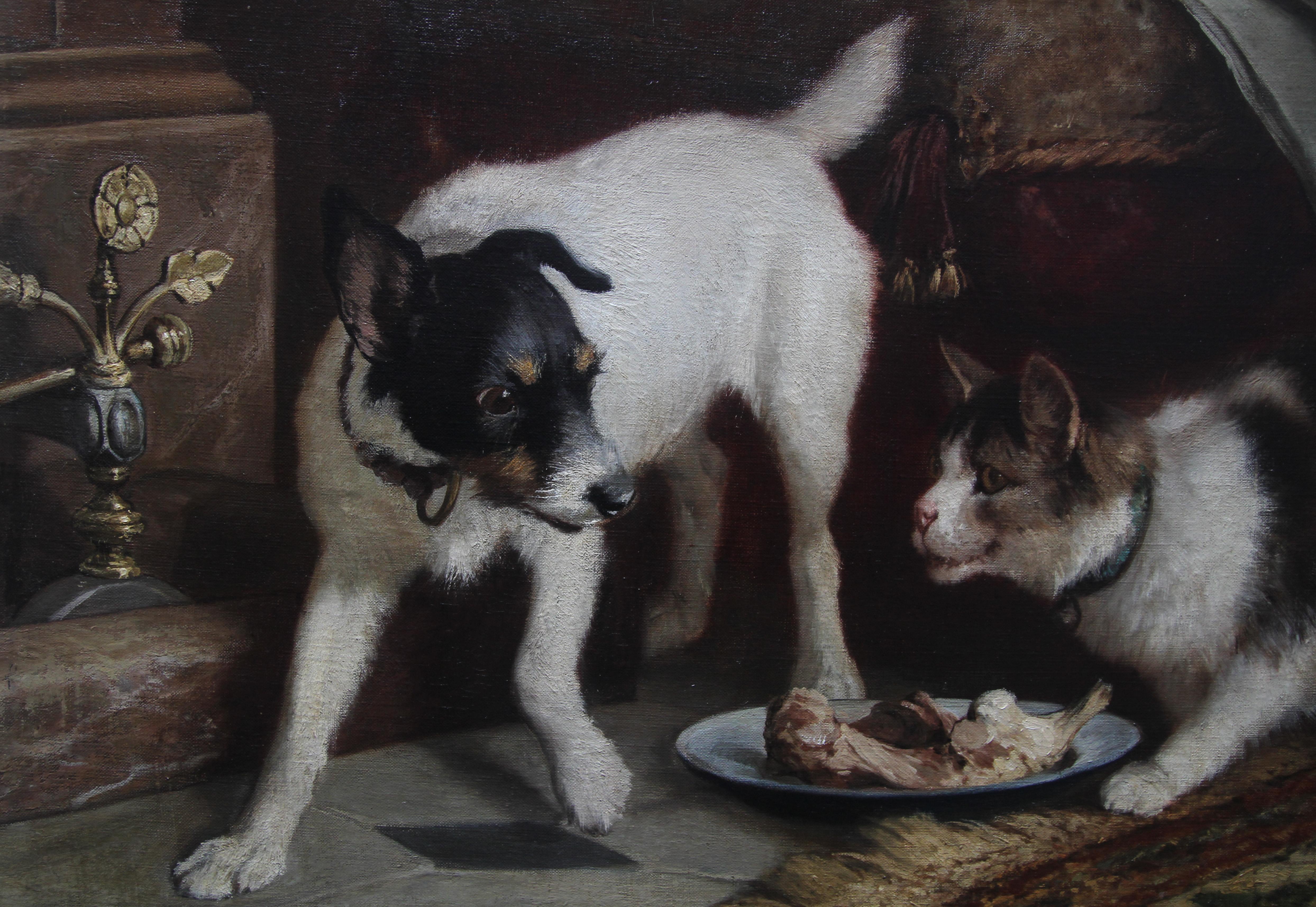 Portrait of a Cat and Dog - Victorian genre 1884 animal art oil painting For Sale 1