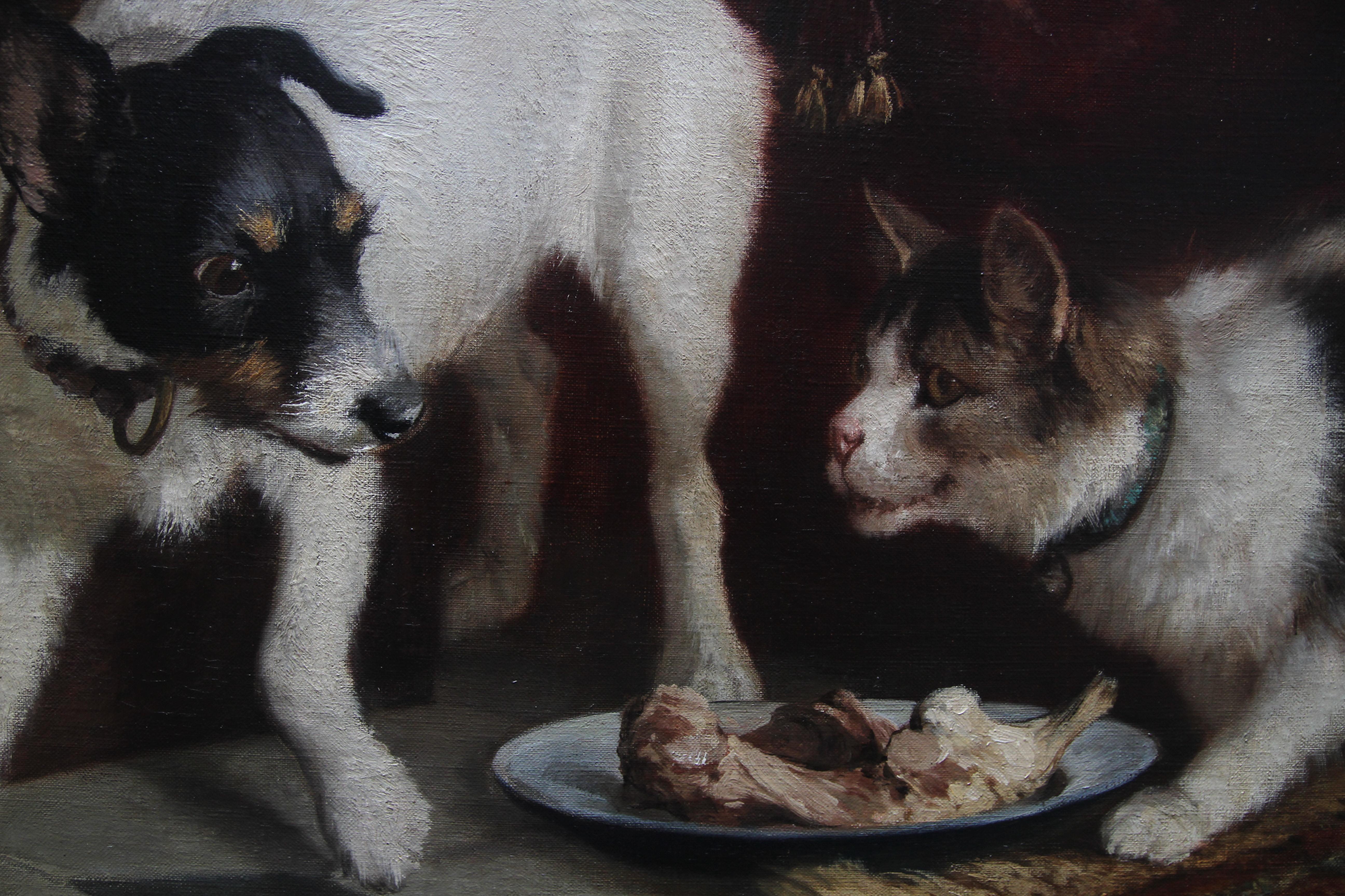 Portrait of a Cat and Dog - Victorian genre 1884 animal art oil painting For Sale 2