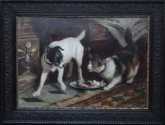 Antique Portrait of a Cat and Dog - Victorian genre 1884 animal art oil painting