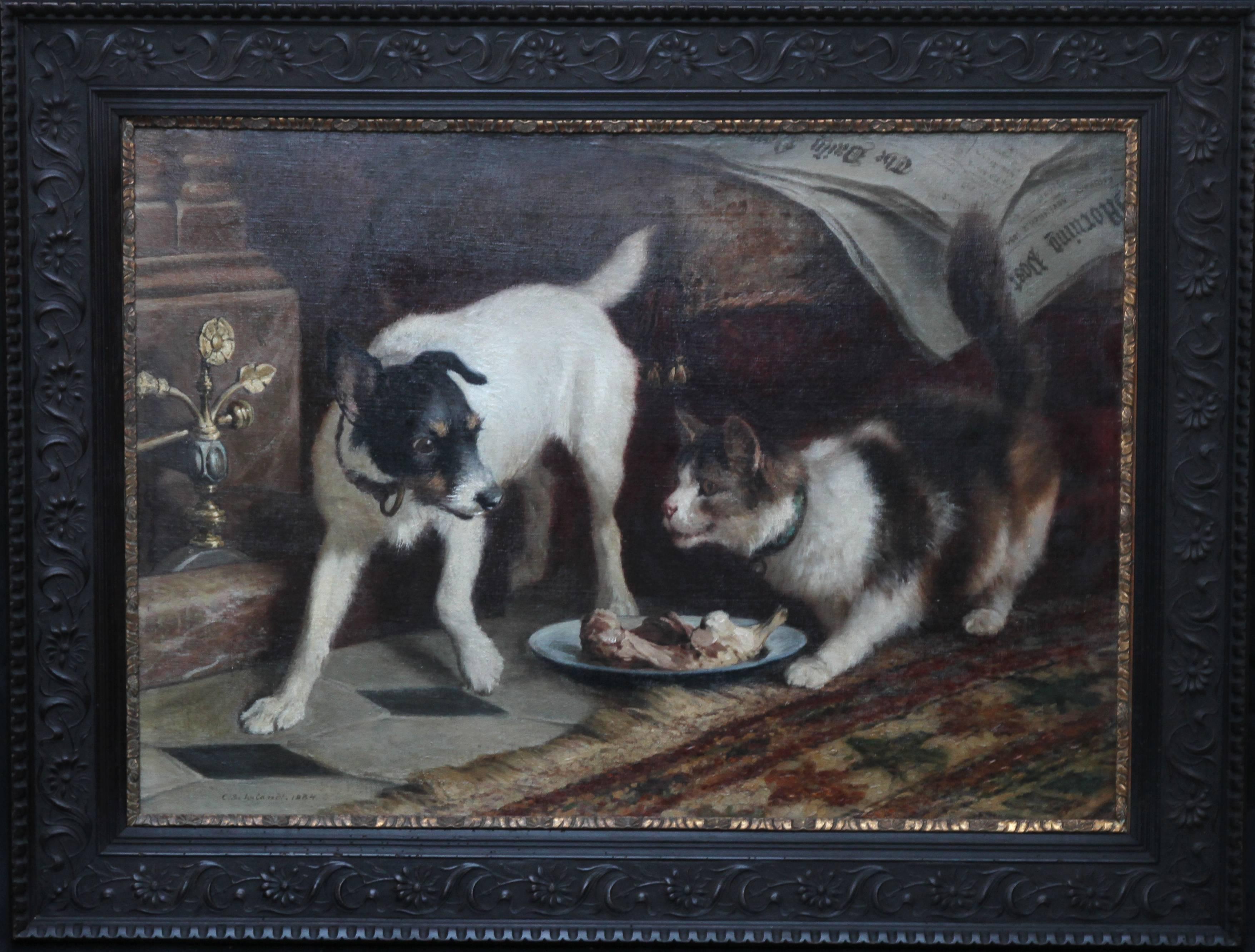 Portrait d'un chat et d'un chien - Peinture à l'huile d'art animalier de style victorien de 1884